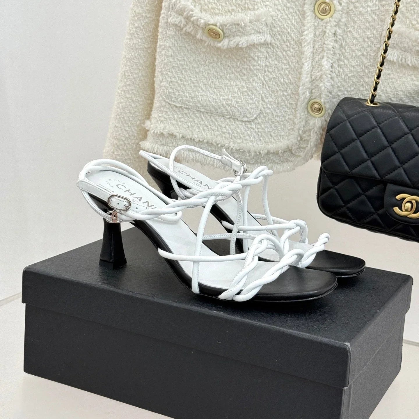 CC 26P Double C Strappy Square Toe High-Heeled 70 Sandals White in Cowhide 706347