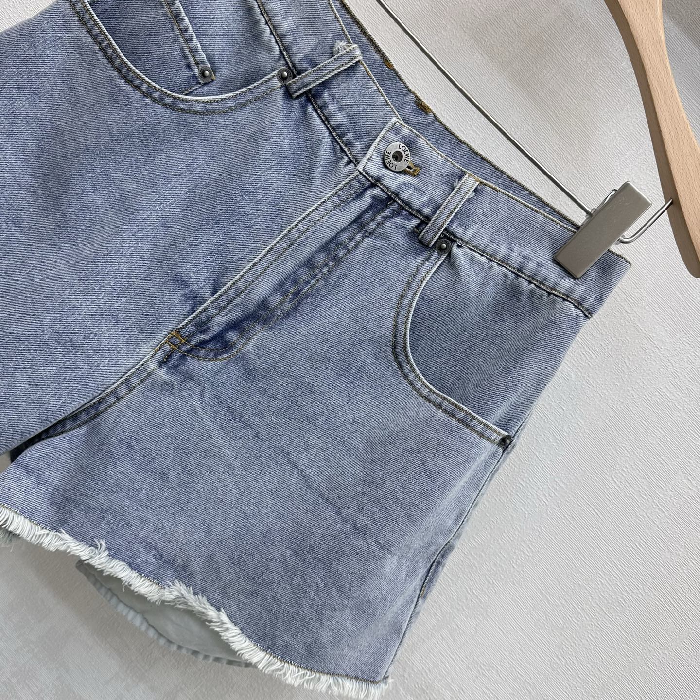 Loewe 26 Embroidered Frayed Edge Shorts Blue in YB Twill Cotton Denim 375346