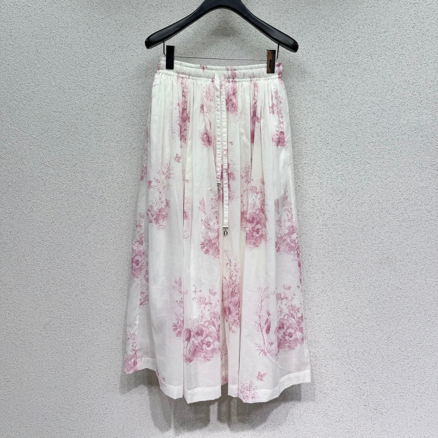 CD Pink Floral Print Elastic Waist Midi Skirt in Cotton 376601