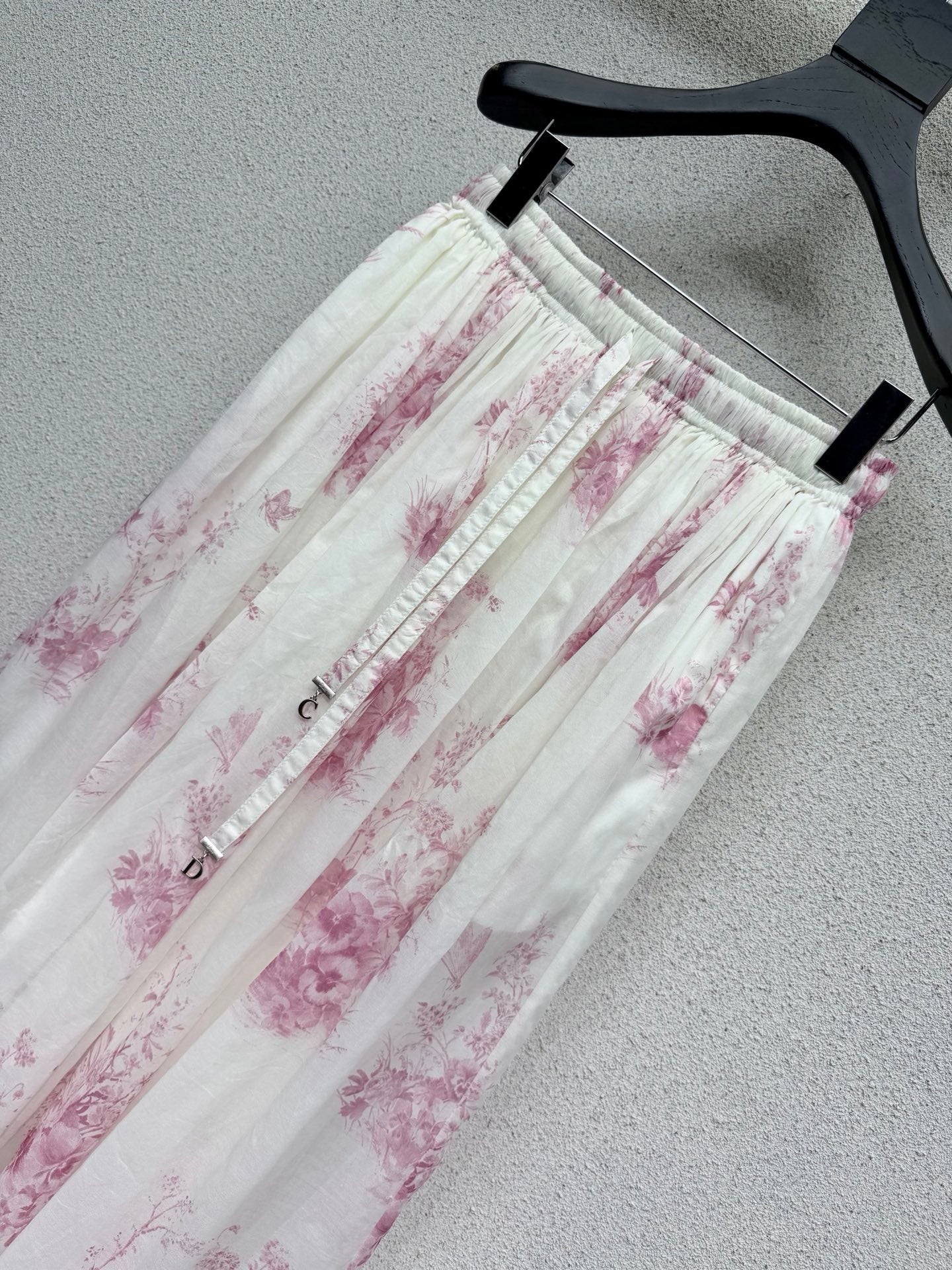 CD Pink Floral Print Elastic Waist Midi Skirt in Cotton 376601