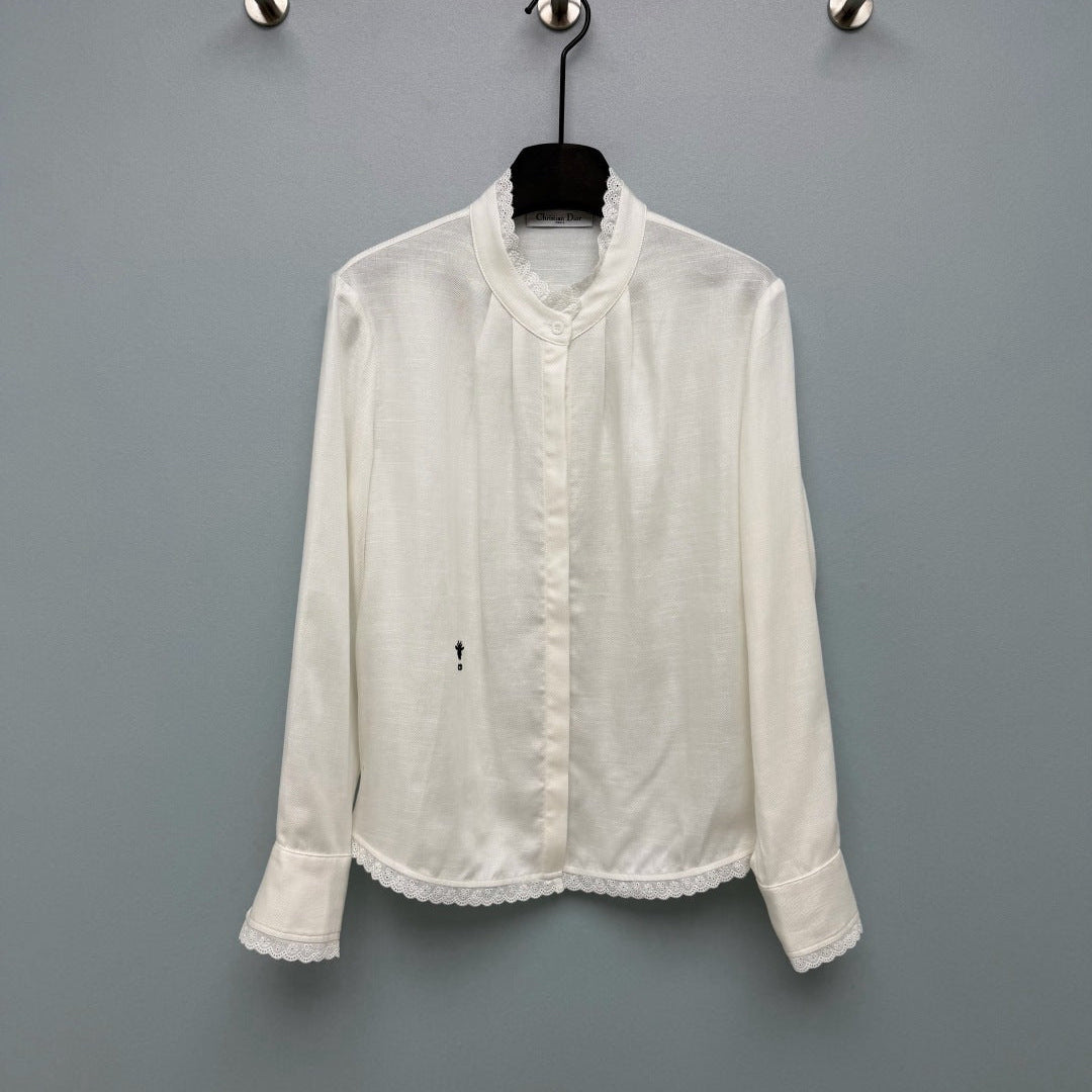 CD 26 Lace Stand Collar Shirt White in Cotton 379094