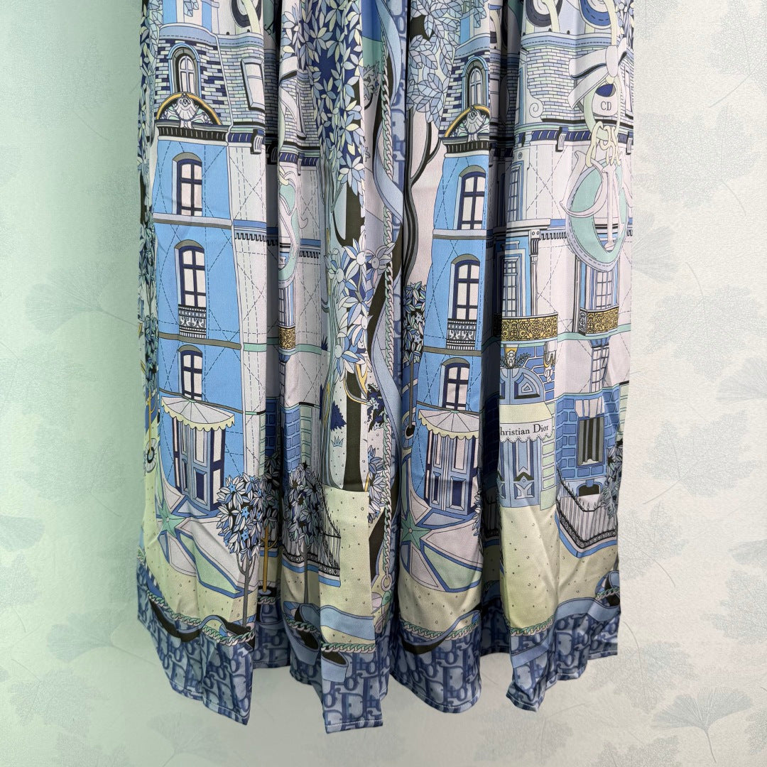 CD 26 Printed Elastic Waist Midi Skirt Blue in Polyester
