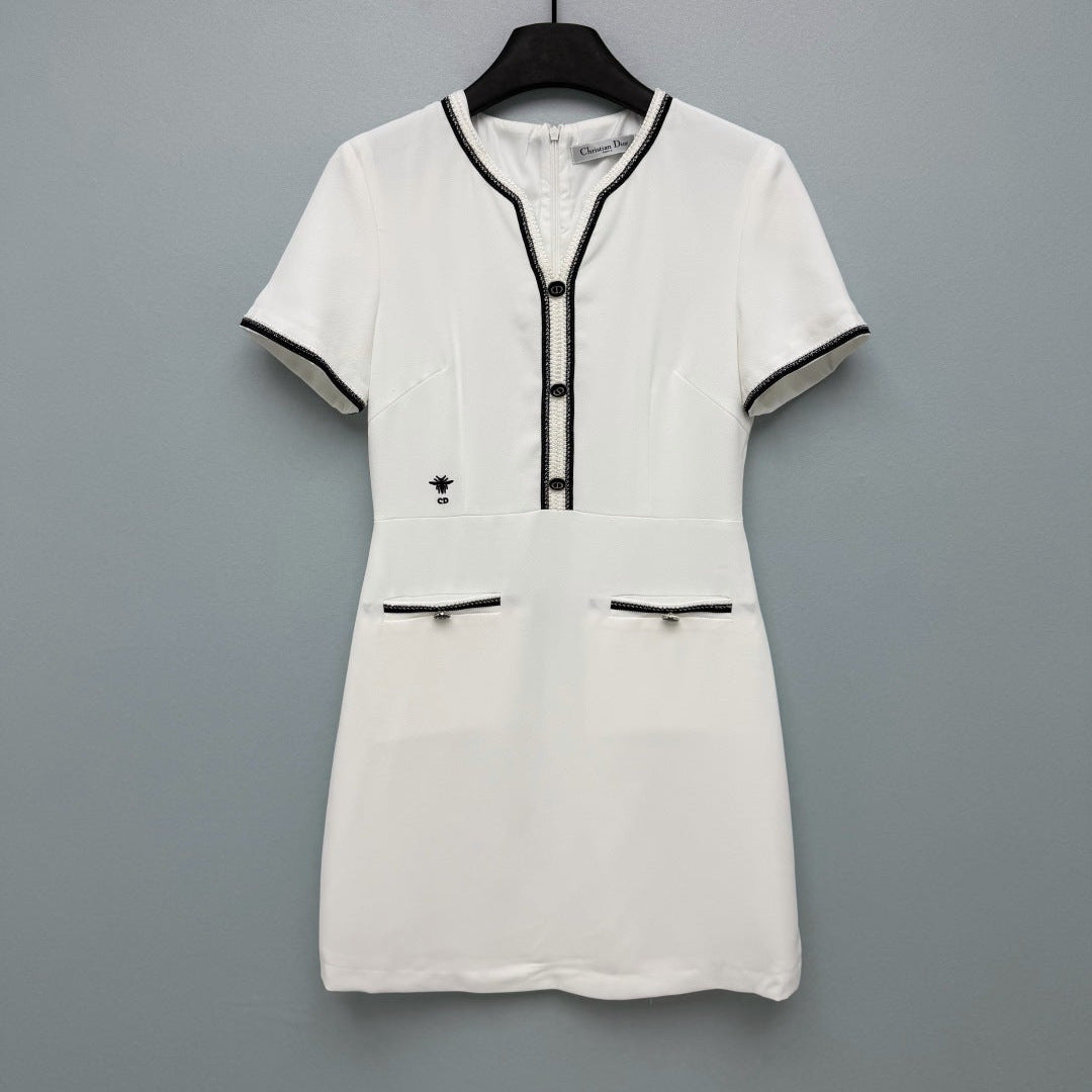 CD 26 Waist-Defining Short-Sleeve Dress White in Wool Knitwear and Cotton Blend 386807