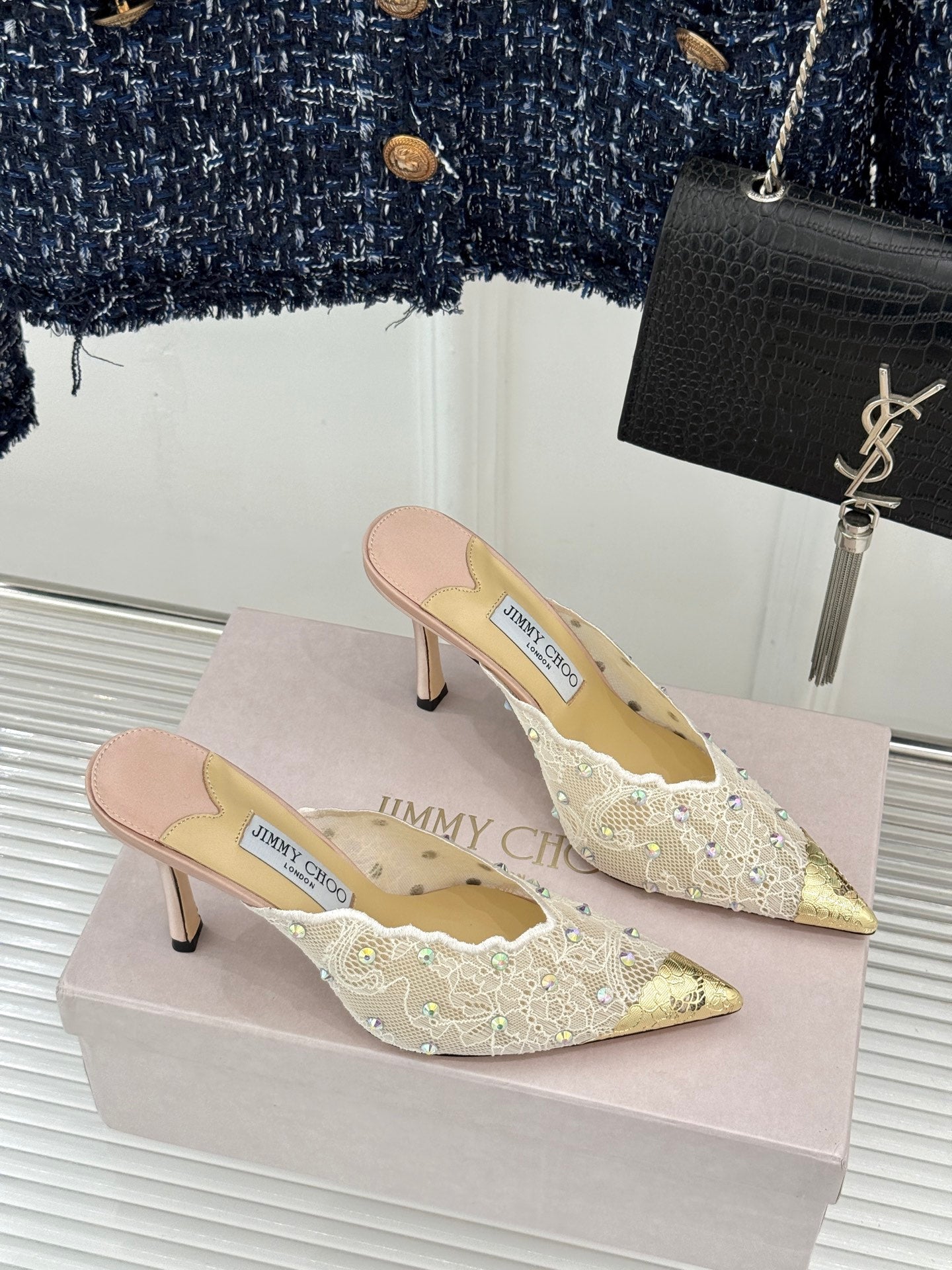 Jimmy Rhinestone Toe High-Heeled 10 Sandals Beige in Lace Metallic 803386