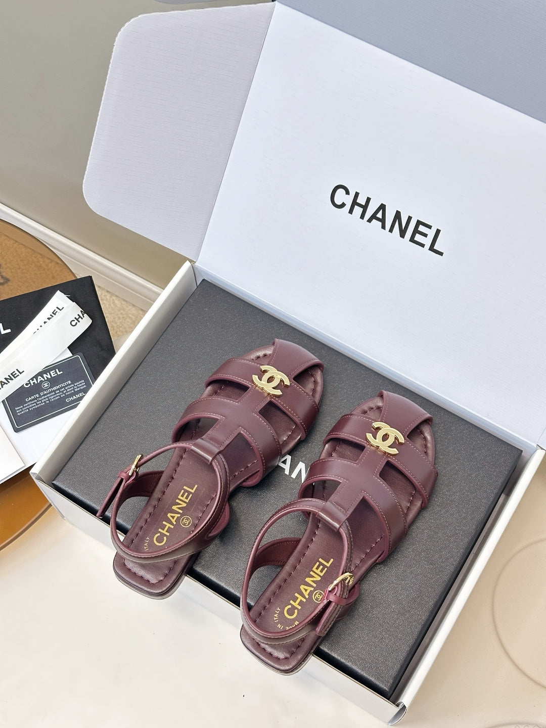 CC 26 T-strap Openwork Roman Sandals Burgundy in Cowhide 815986