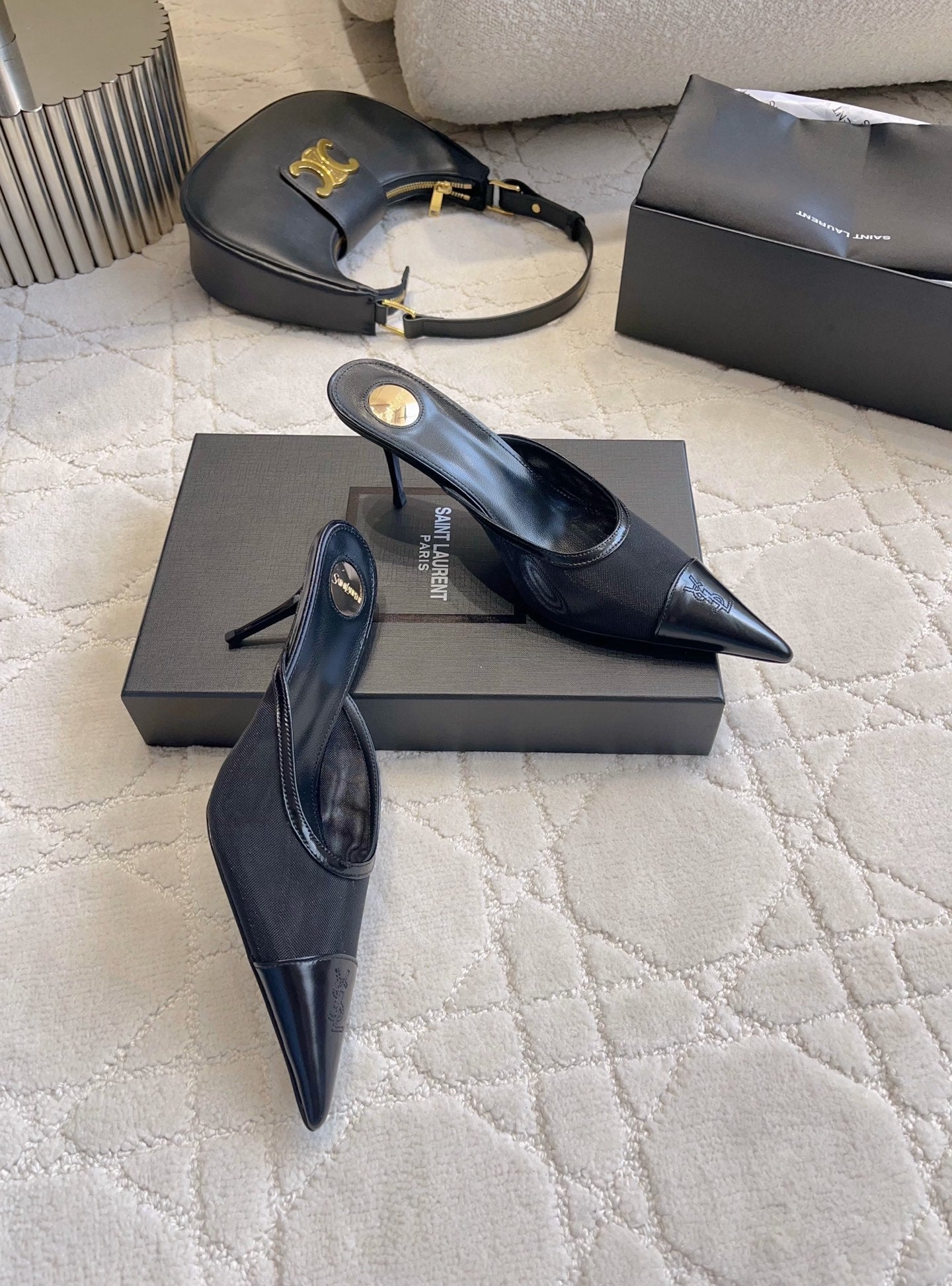 YSL Pointed-Toe Mesh Mule 75mm Black Cowhide & Mesh 851891