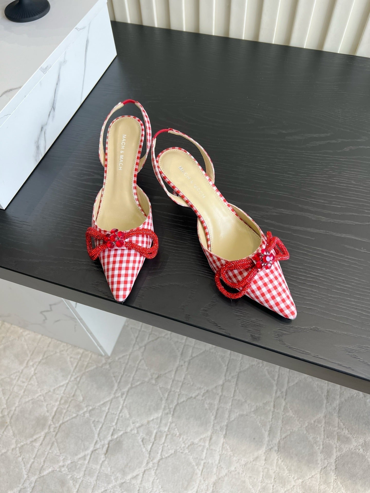 Mach Gingham Bow Slingback Pumps Red White Fabric 851905