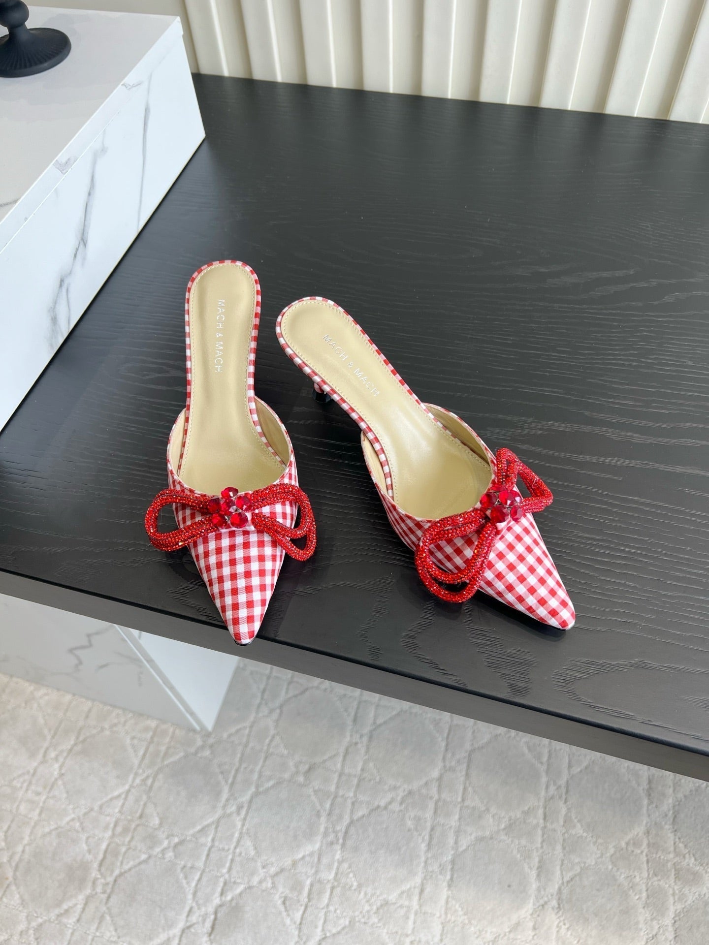 Mach Gingham Bow Slingback Pumps Red White Fabric 851905
