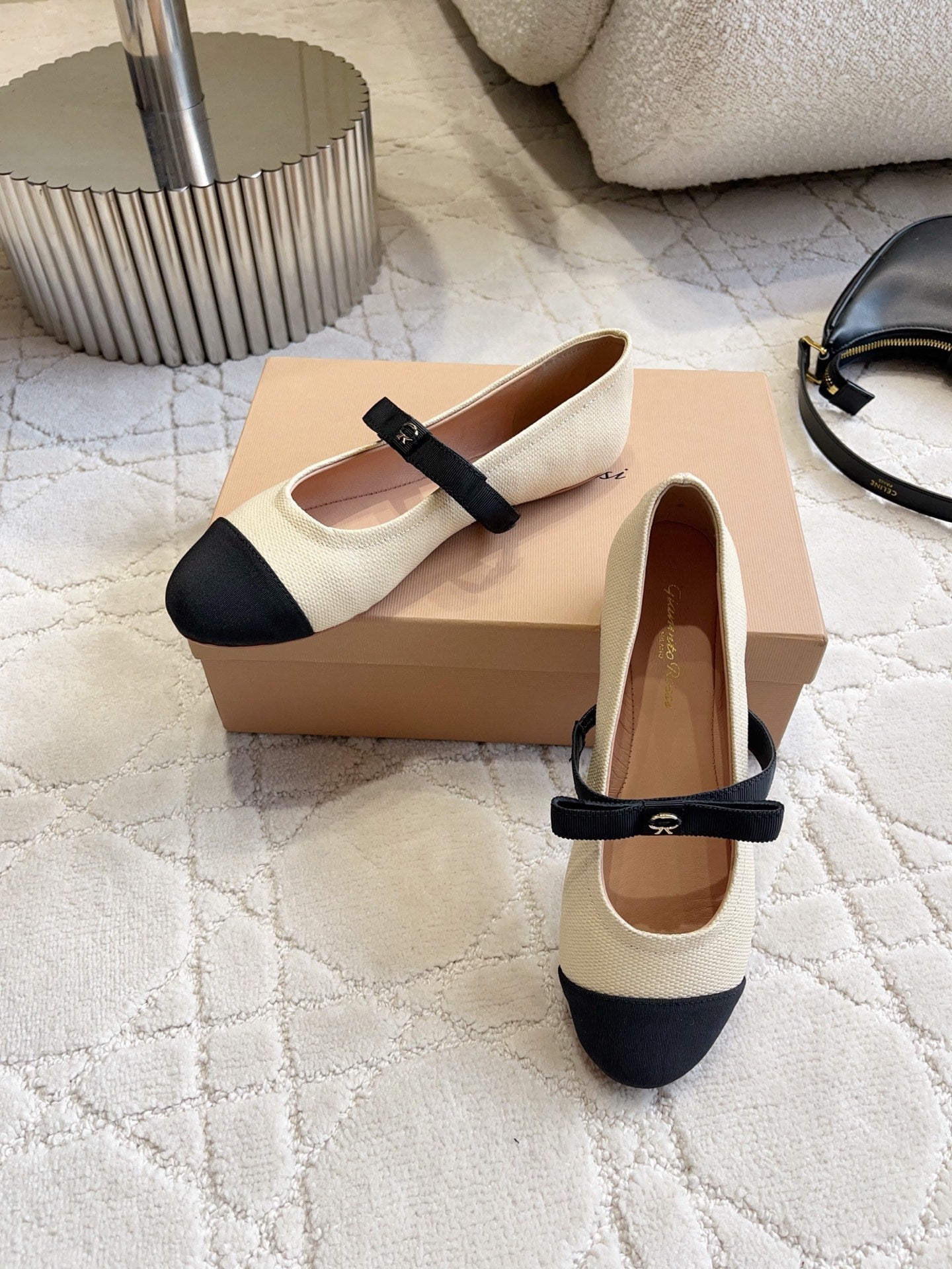 GR Mary Jane Flats Black Beige Lambskin & Fabric 851886