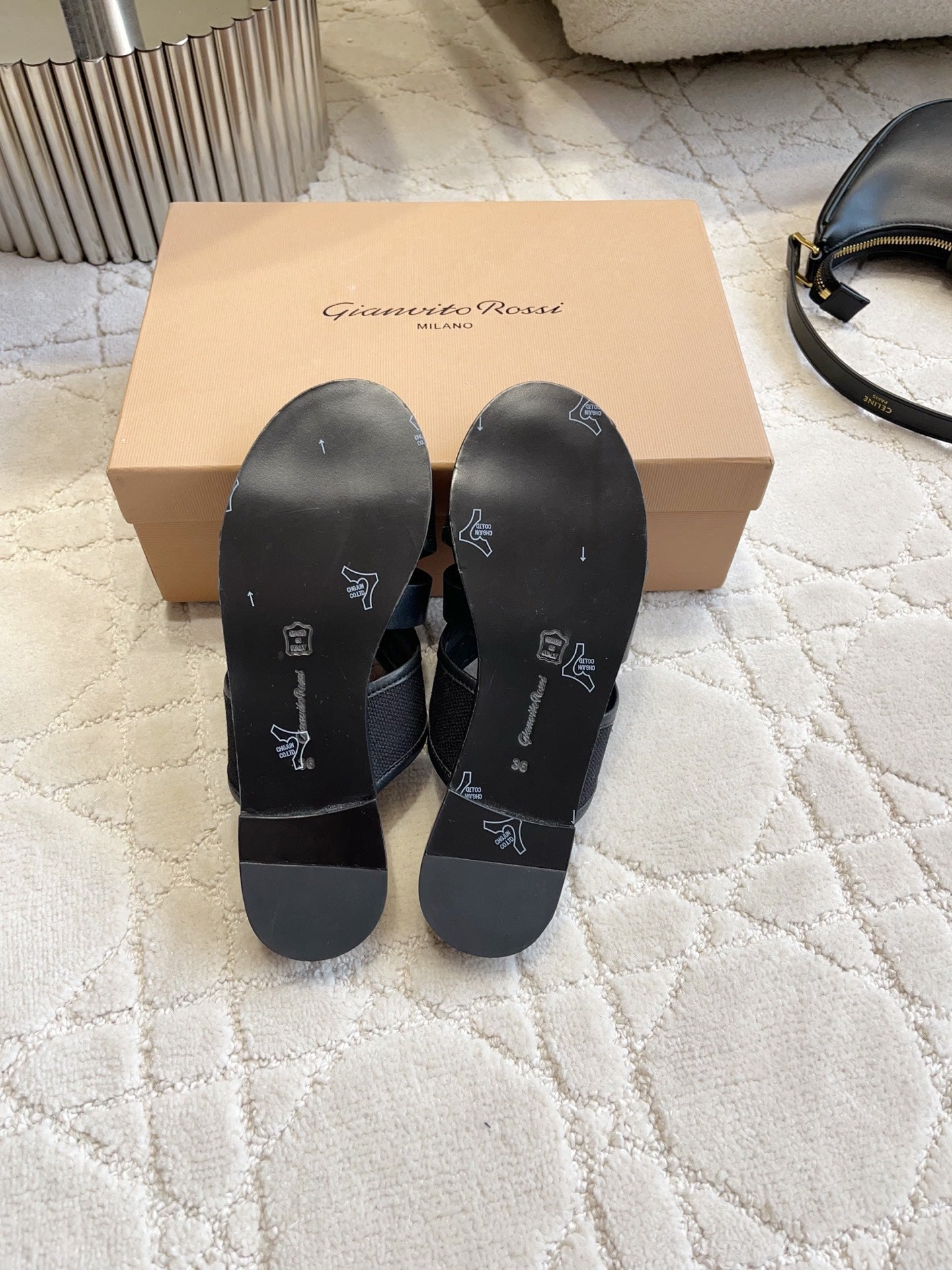 GR Paros Studded Flat Sandals Black Cowhide & Fabric 851842