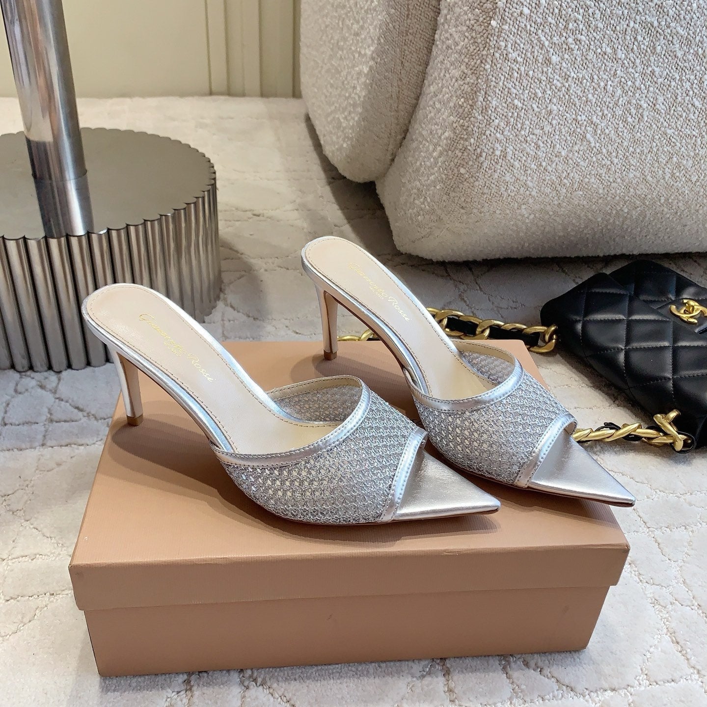 GR Pointed-Toe Mule Sandals 8.5cm Silver Metallic Cowhide & Mesh 854880