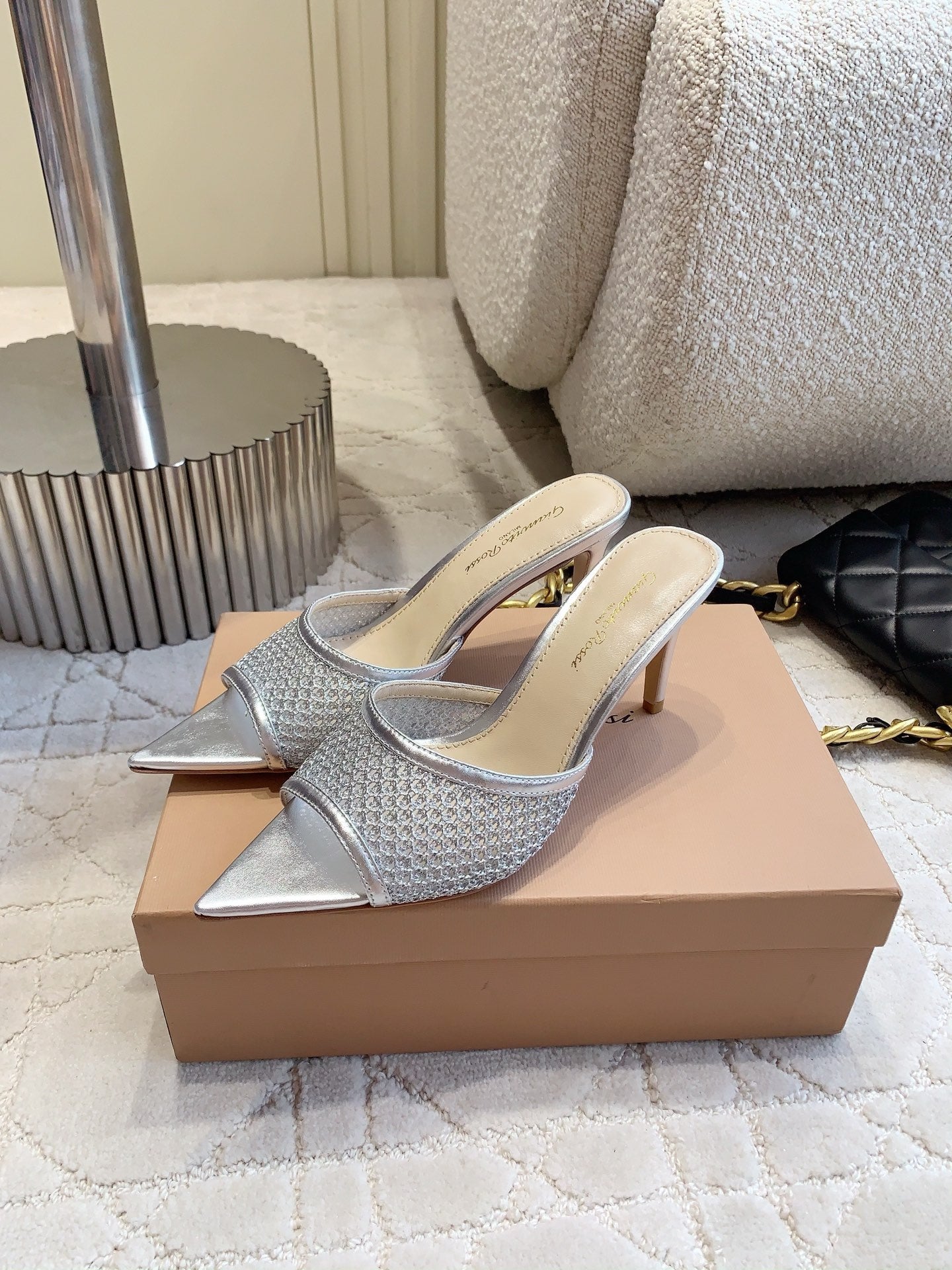 GR Pointed-Toe Mule Sandals 8.5cm Silver Metallic Cowhide & Mesh 854880