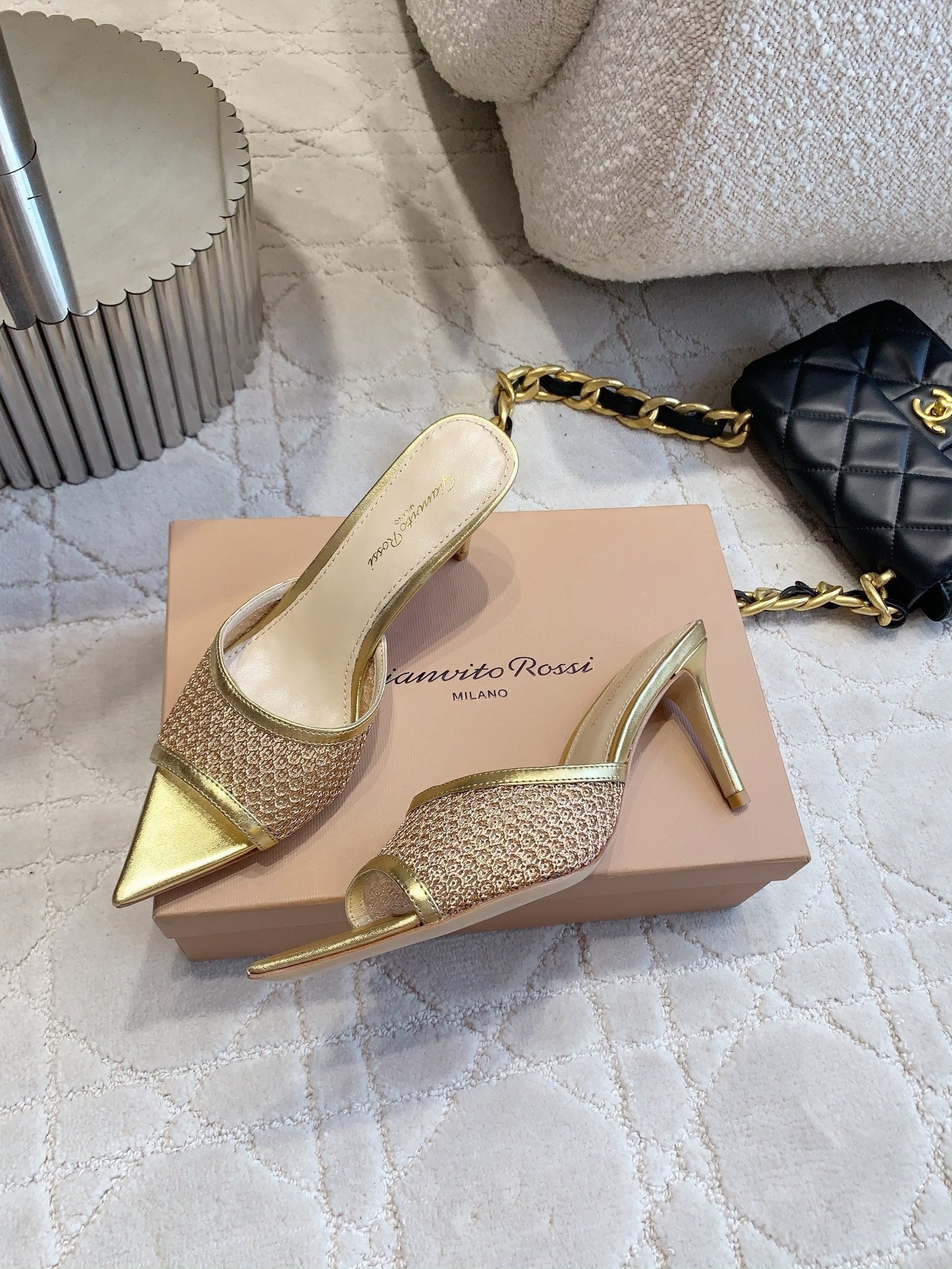 GR Pointed-Toe Mule Sandals 8.5cm Gold Metallic Cowhide & Mesh 854879