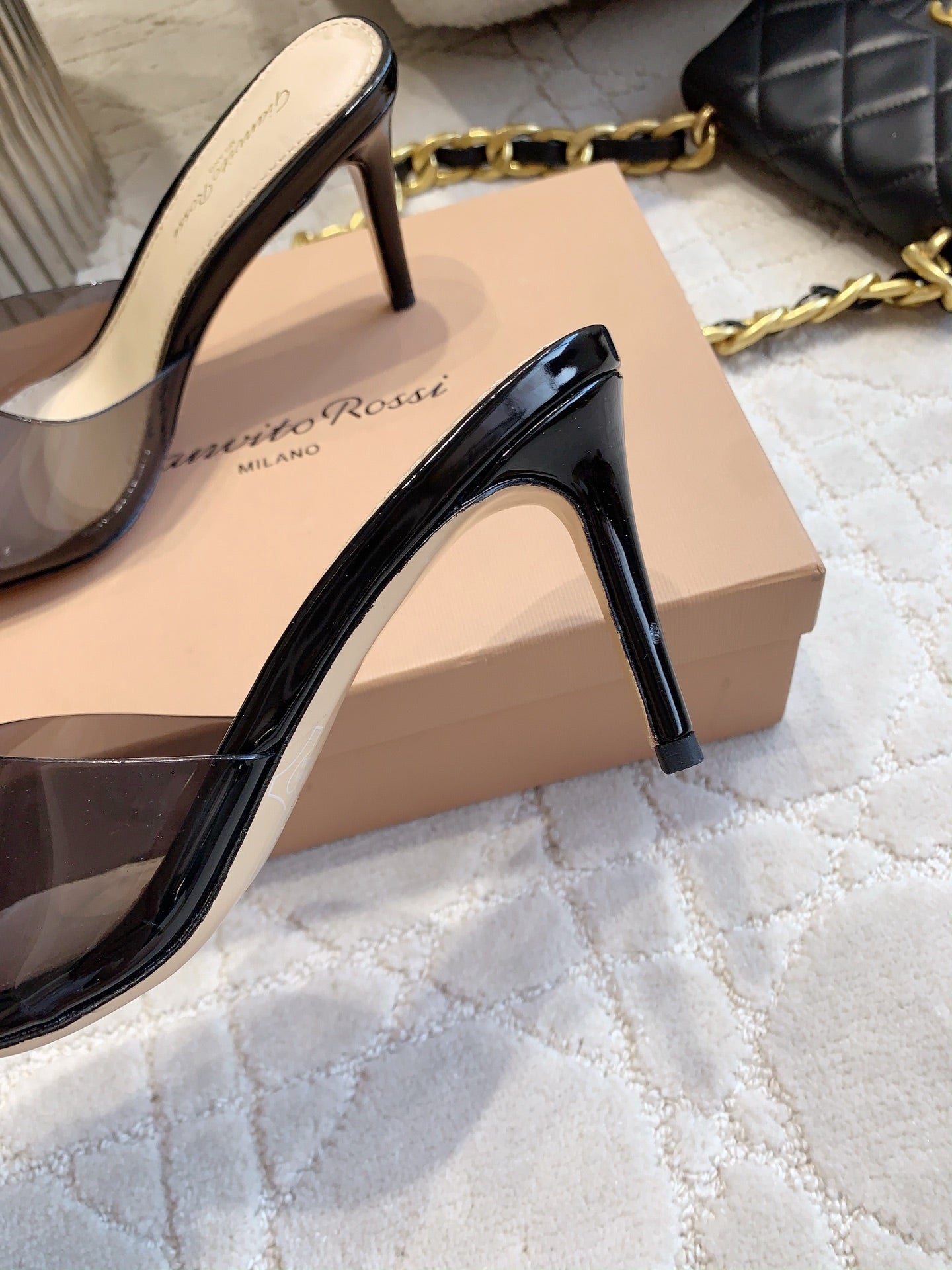 GR Pointed-Toe Mule Sandals 8.5cm Black Patent Cowhide & PVC 854878