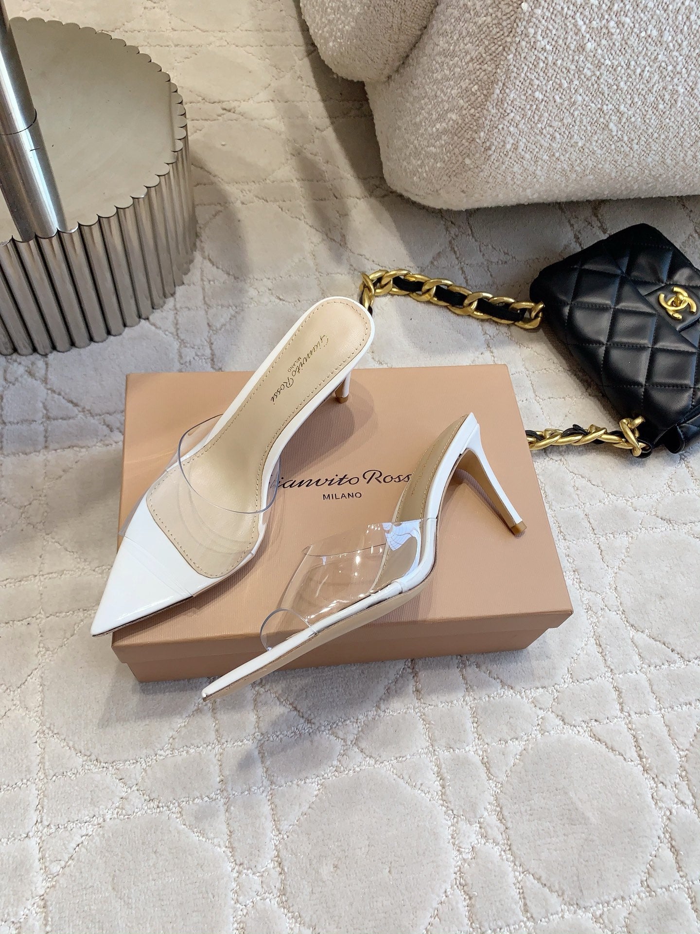GR Pointed-Toe Mule Sandals 8.5cm White Patent Cowhide & PVC 854877