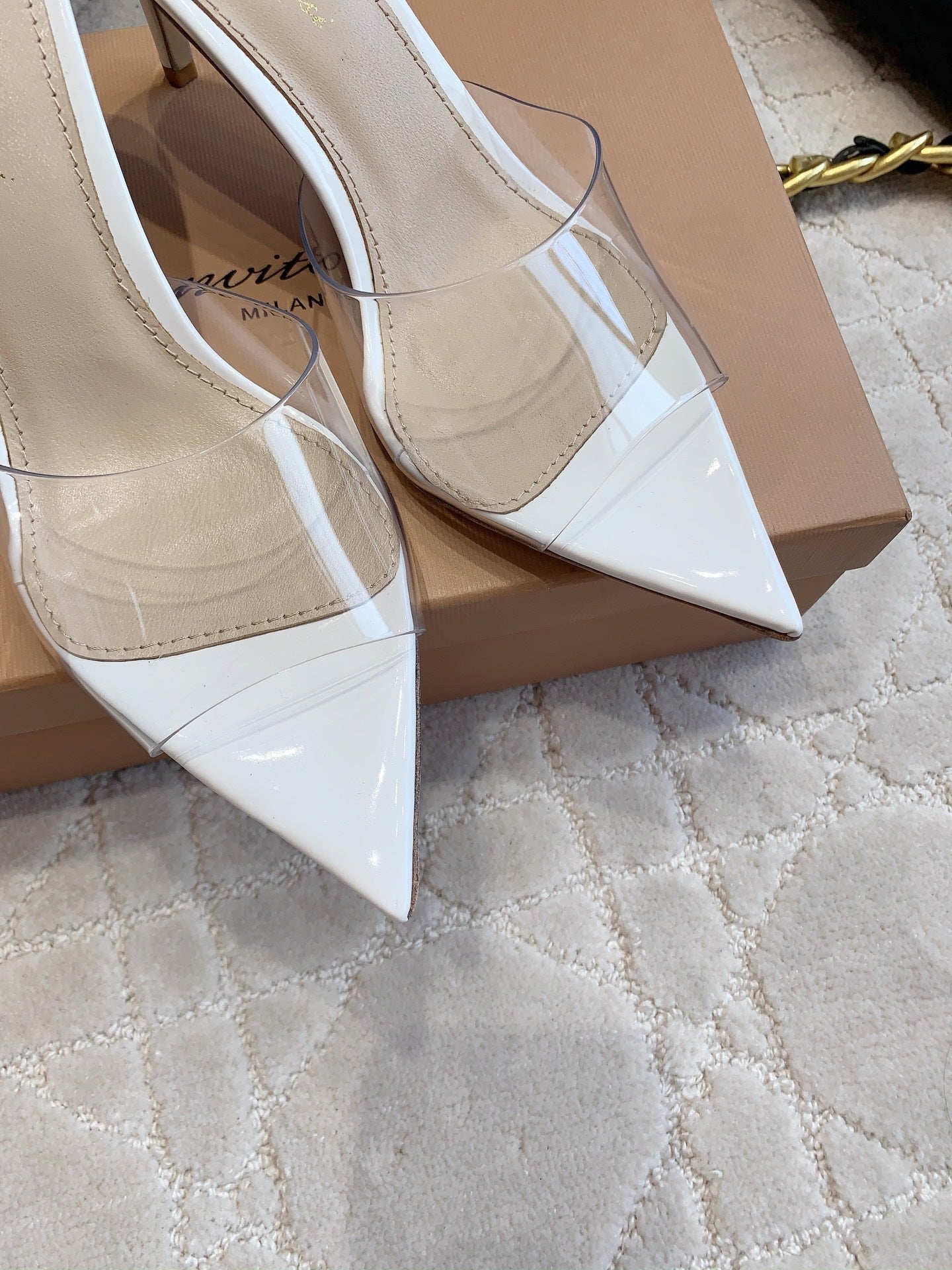 GR Pointed-Toe Mule Sandals 8.5cm White Patent Cowhide & PVC 854877