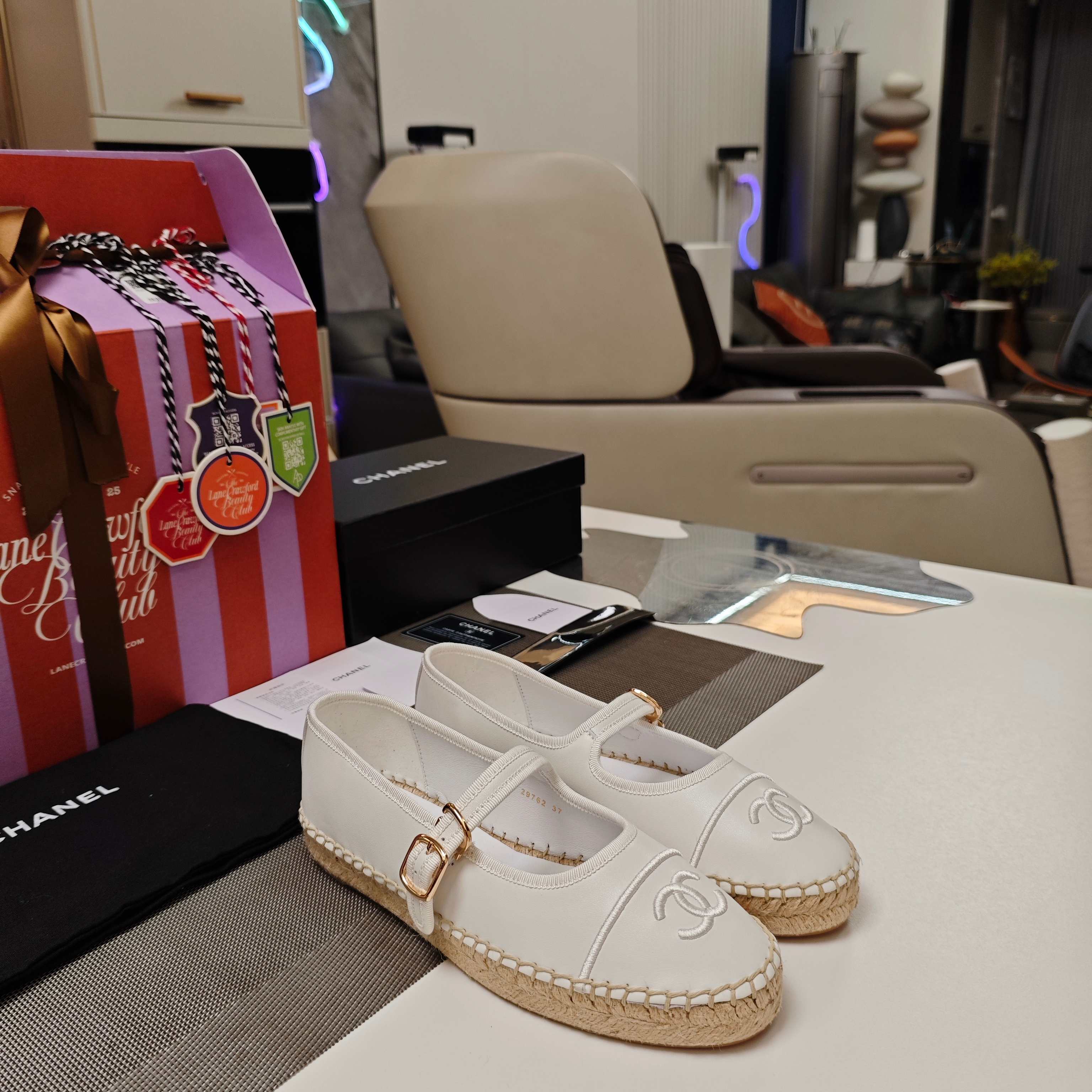 CC Espadrilles White Lambskin Leather Jute Sole 855748