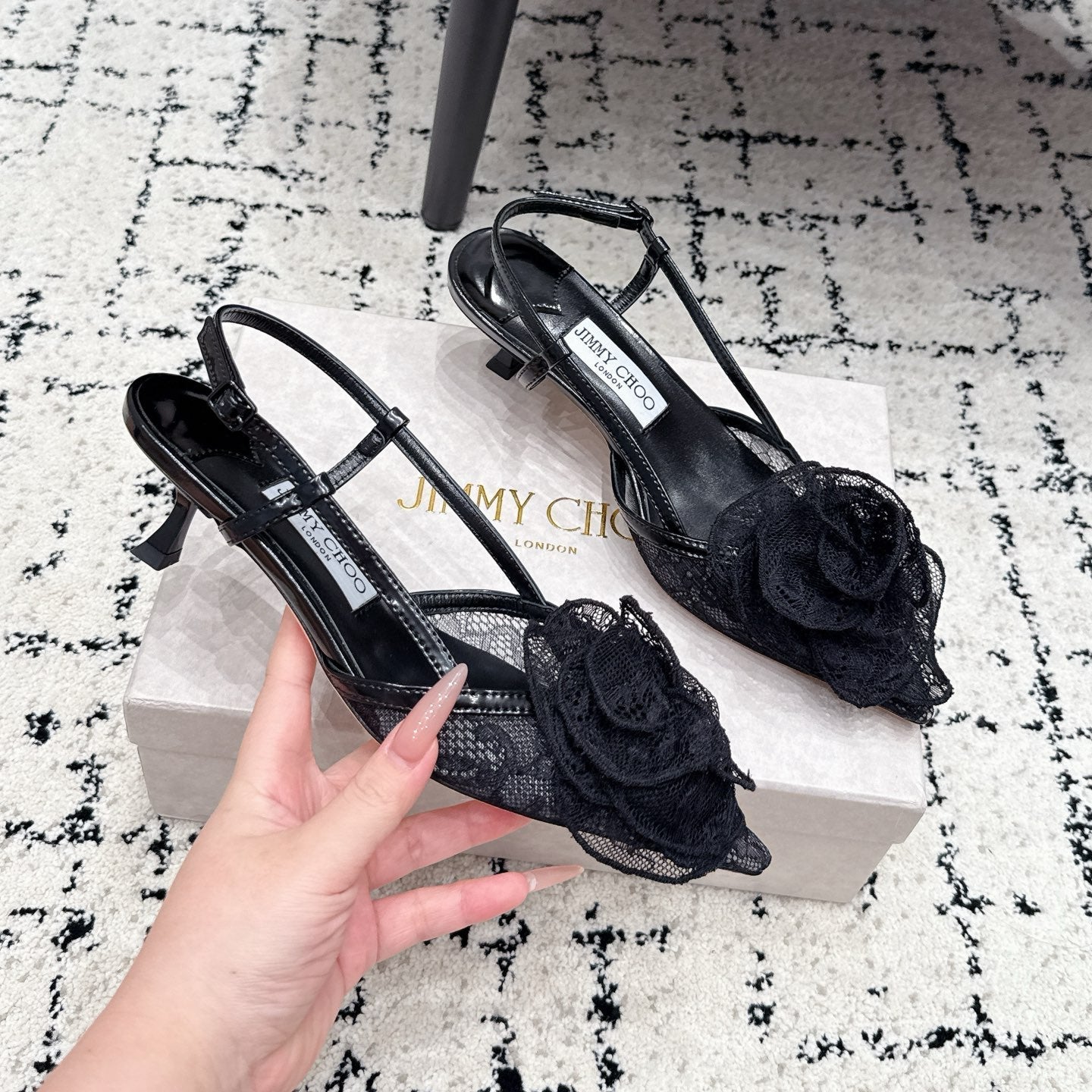 JC Mimmi Slingback Pumps Floral Appliqué 5.5cm Black Lace 858432