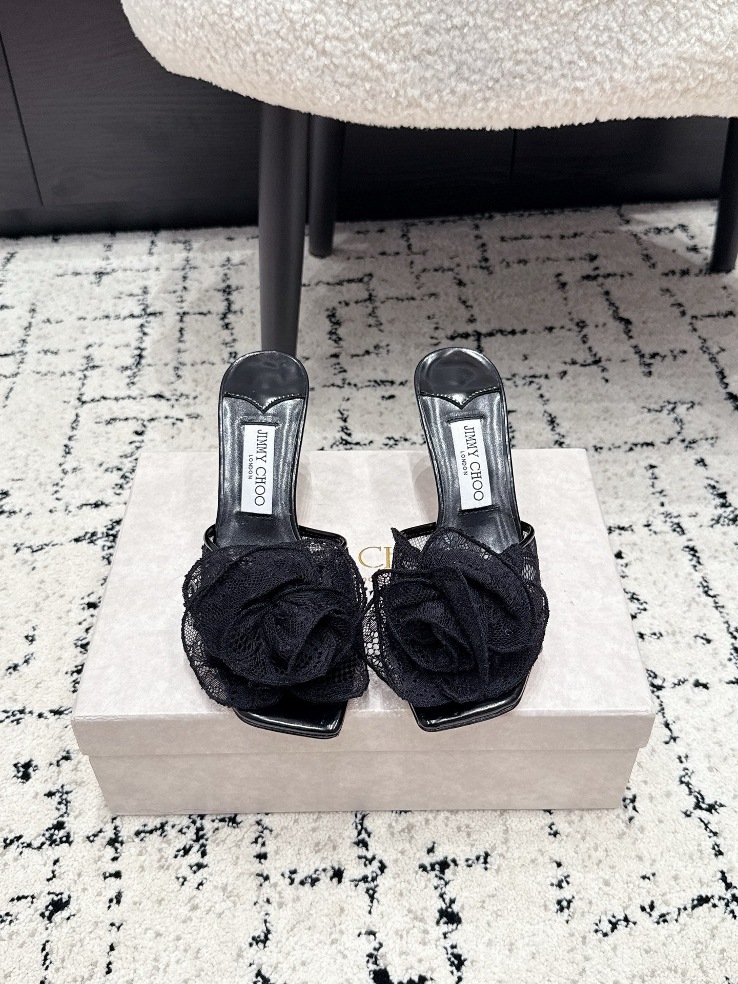 JC 26SS Floral Appliqué Mules 6.5cm Black Lace 858430
