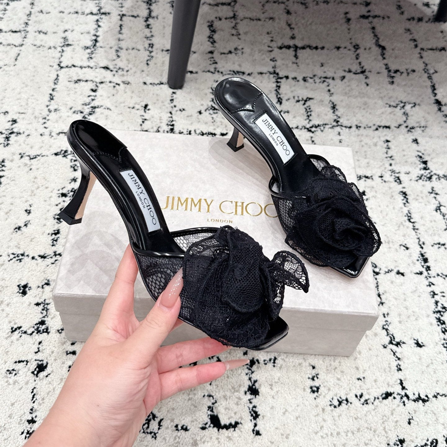 JC 26SS Floral Appliqué Mules 6.5cm Black Lace 858430
