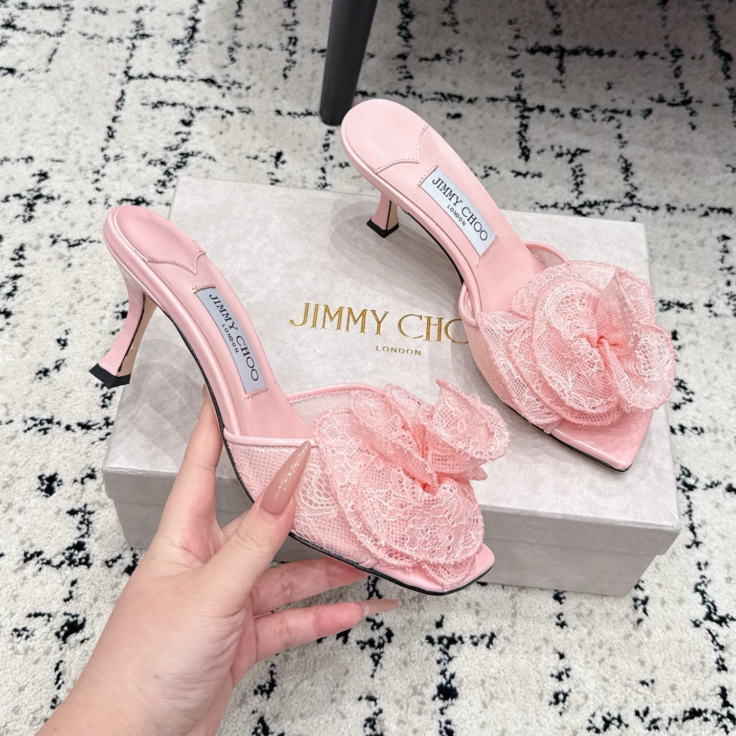 JC 26SS Floral Appliqué Mules 6.5cm Pink Lace 858428