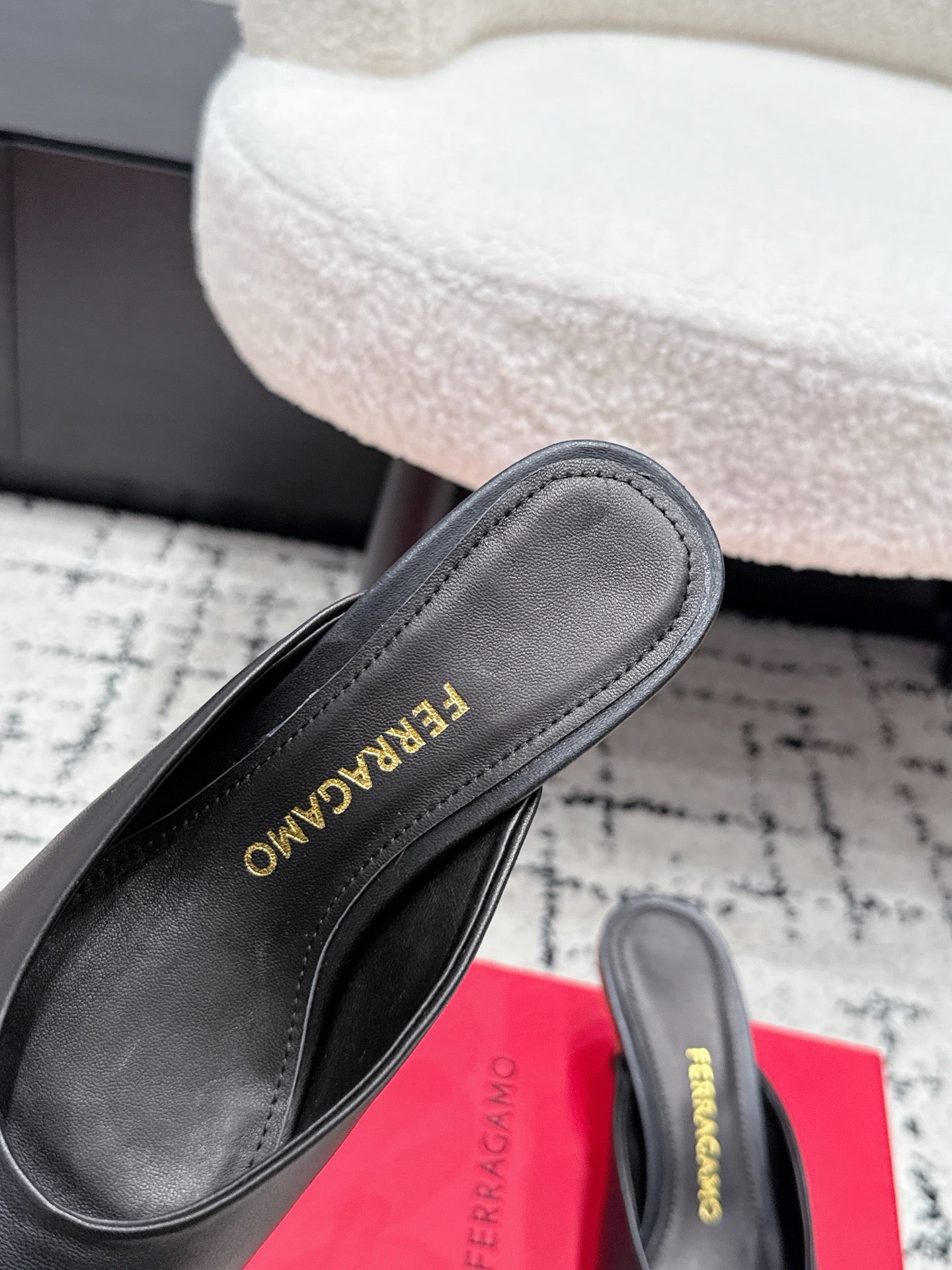 FG 26SS Logo Peep Toe Mules 5.5cm Black Lambskin 858414