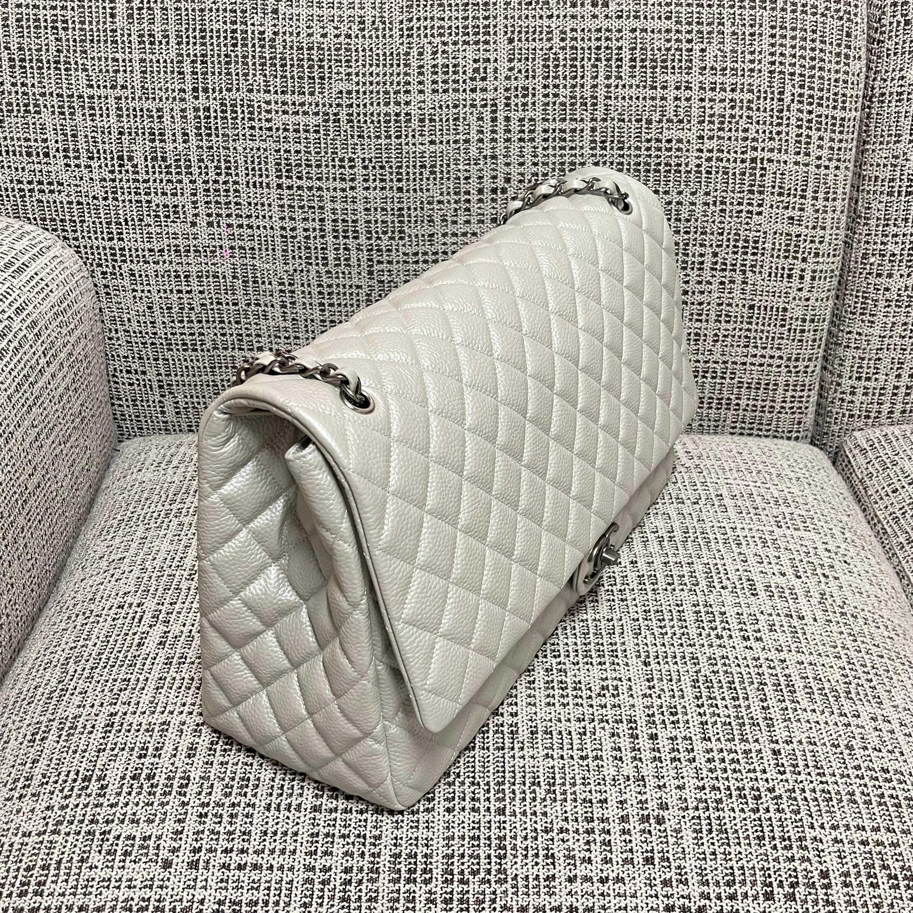 CC Classic Flap Bag 46.5cm Pearl White Caviar Calfskin Leather SHW