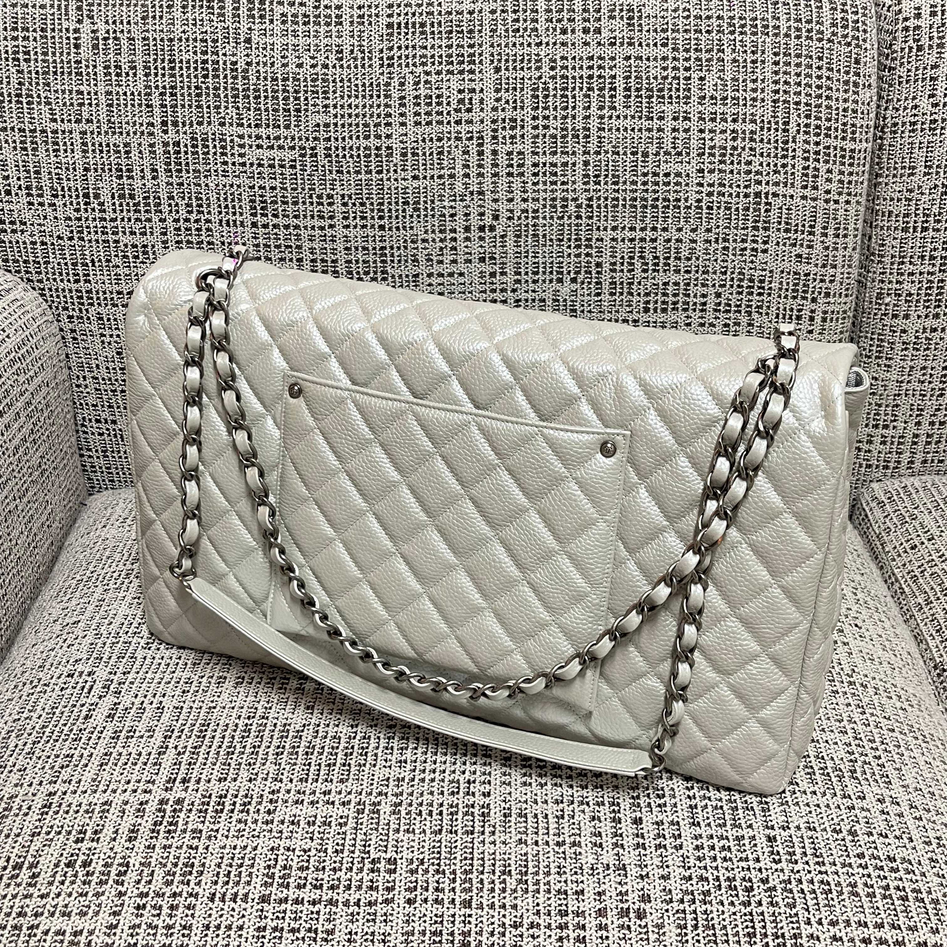 CC Classic Flap Bag 46.5cm Pearl White Caviar Calfskin Leather SHW