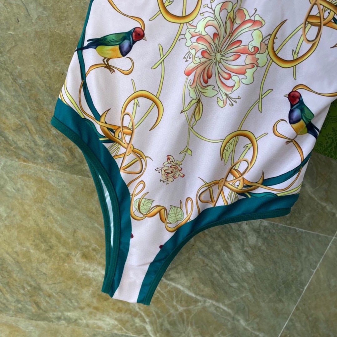 GG Floral & Bird Print Swimsuit and Sarong Set Pink Green 330762
