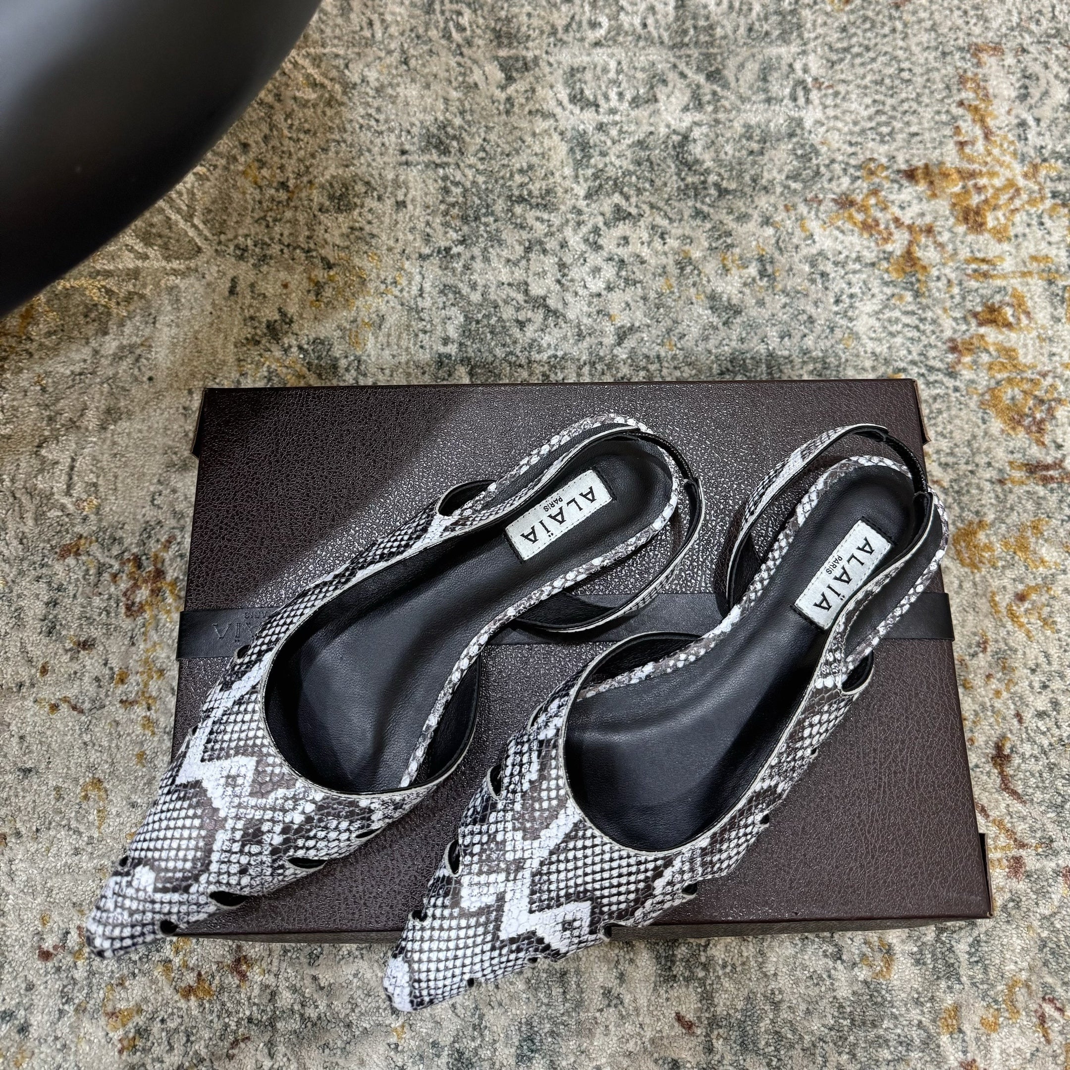 Alaia Snake Print Cutout Slingback Flats Grey Cowhide Leather 881557