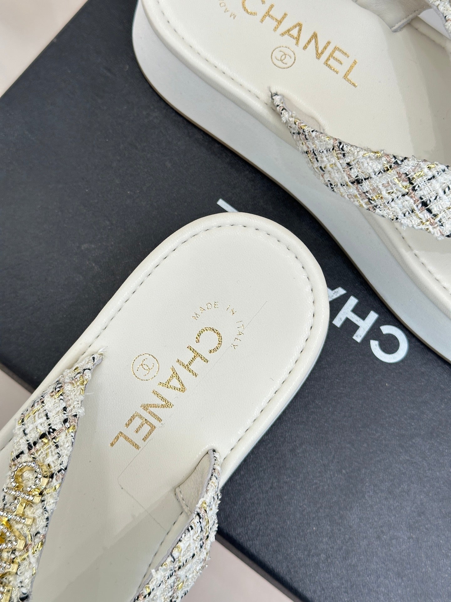 CC Crystal Logo Platform Thong Sandals White Tweed 887787