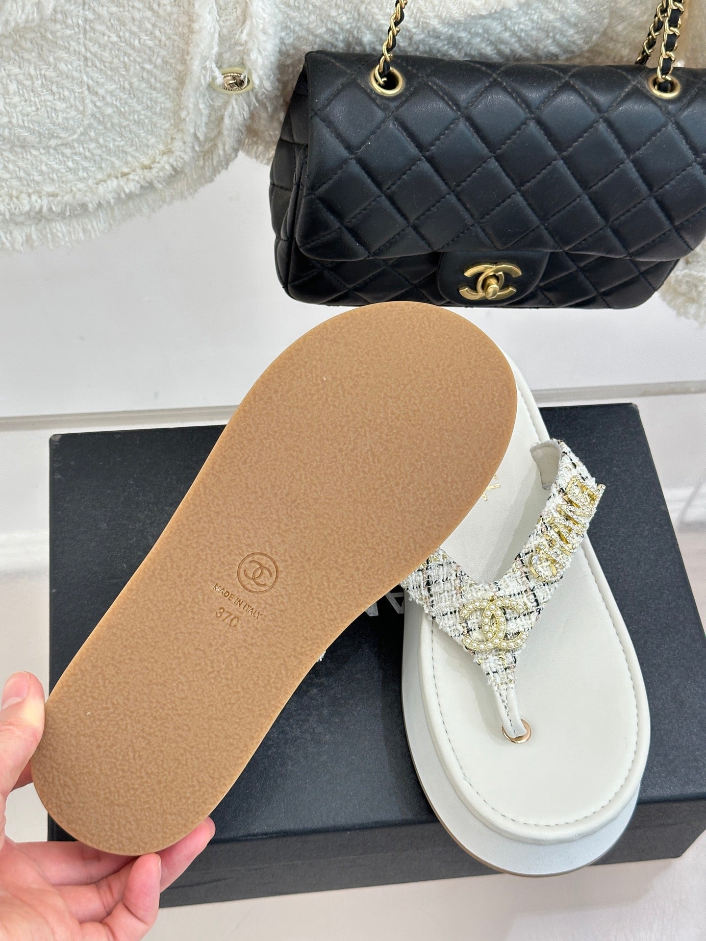 CC Crystal Logo Platform Thong Sandals White Tweed 887787