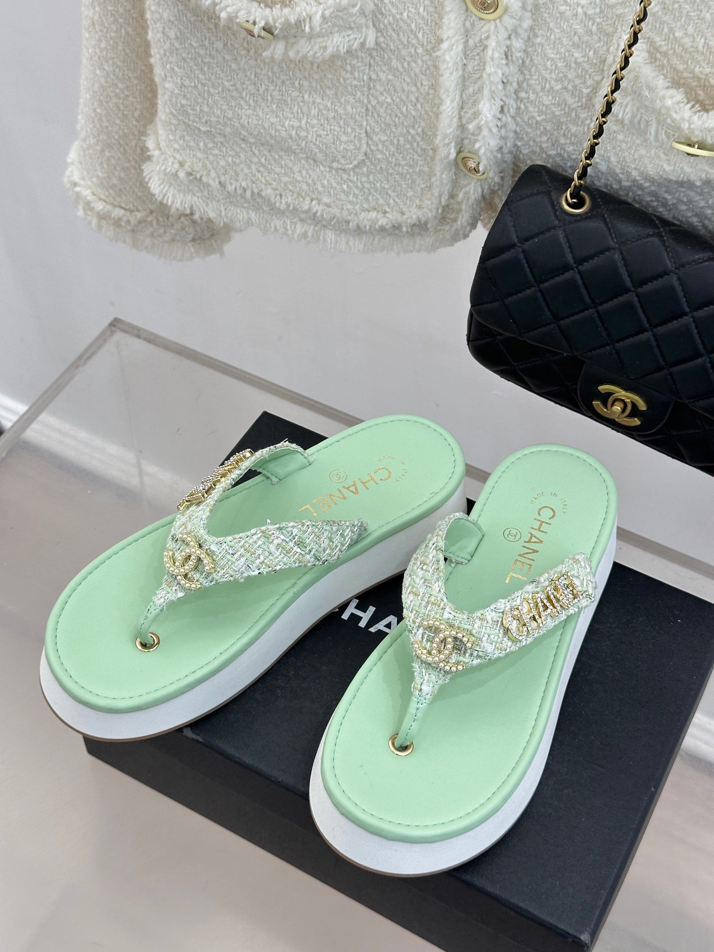 CC Crystal Logo Platform Thong Sandals Lime Green Tweed 887784