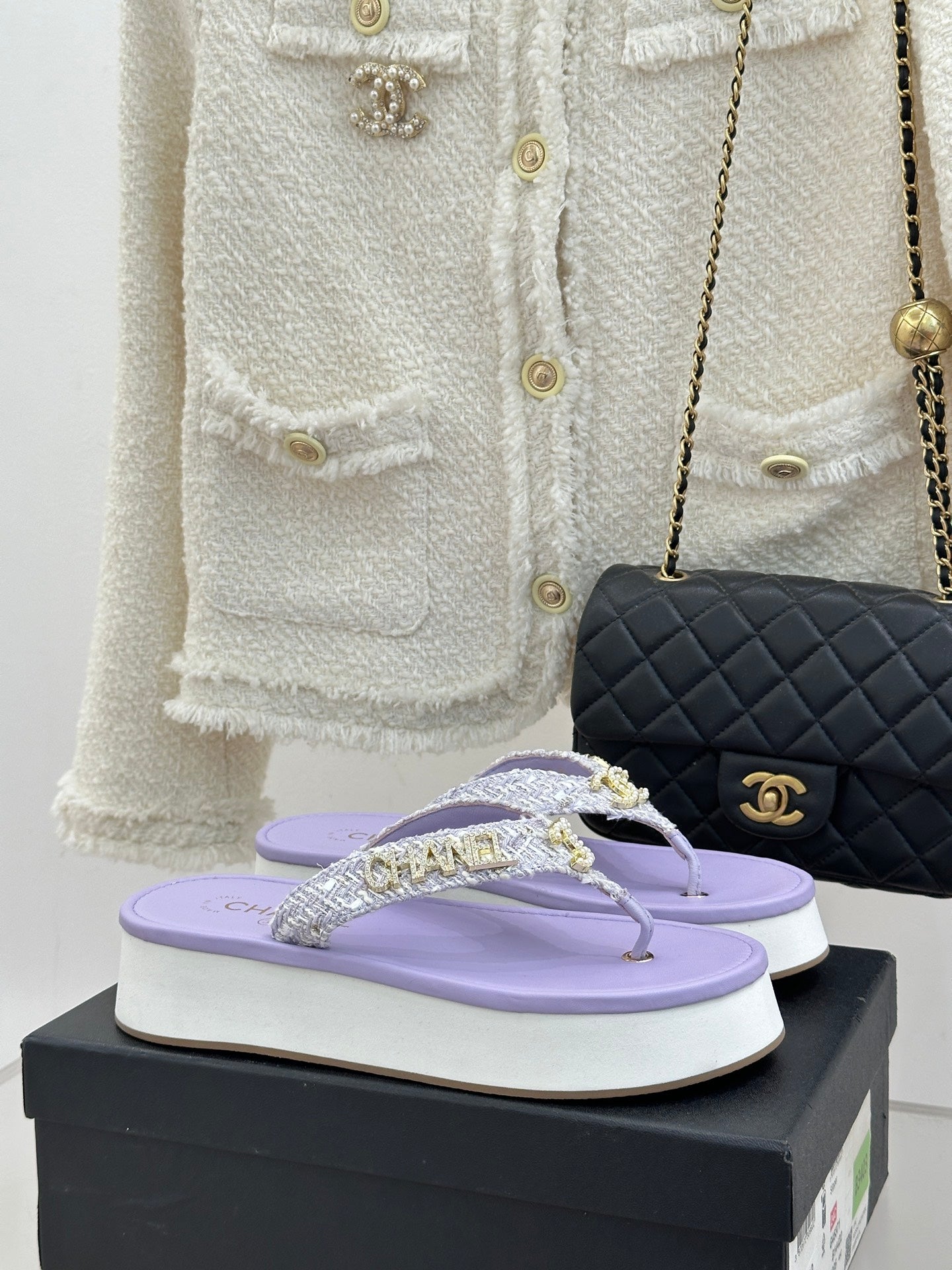 CC Crystal Logo Platform Thong Sandals Purple Tweed 887783