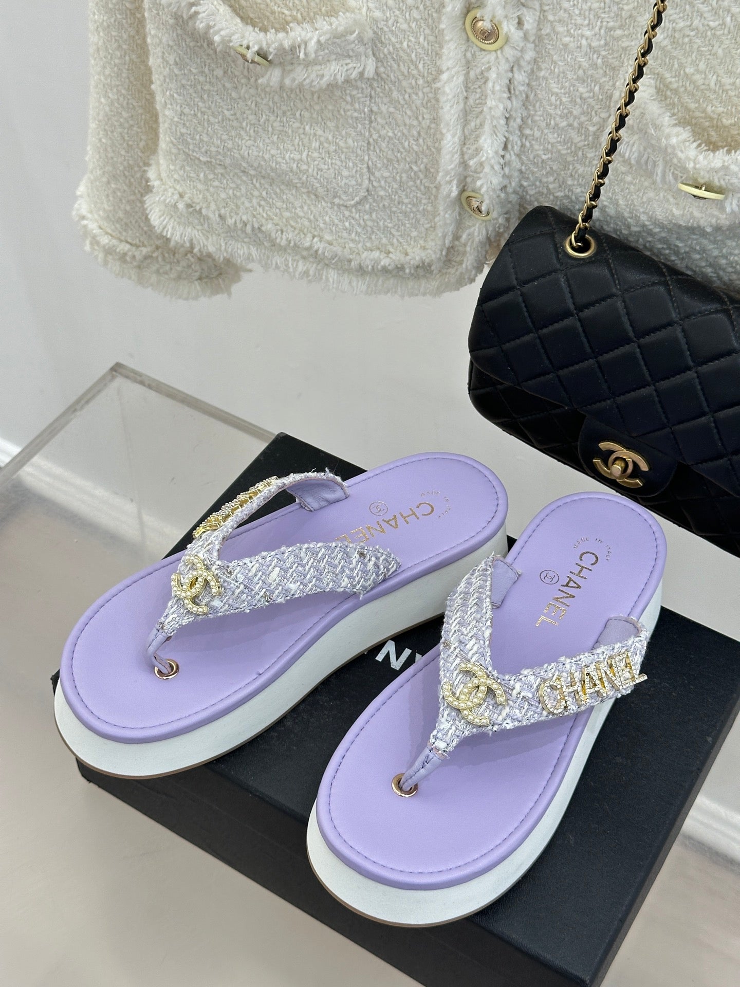 CC Crystal Logo Platform Thong Sandals Purple Tweed 887783