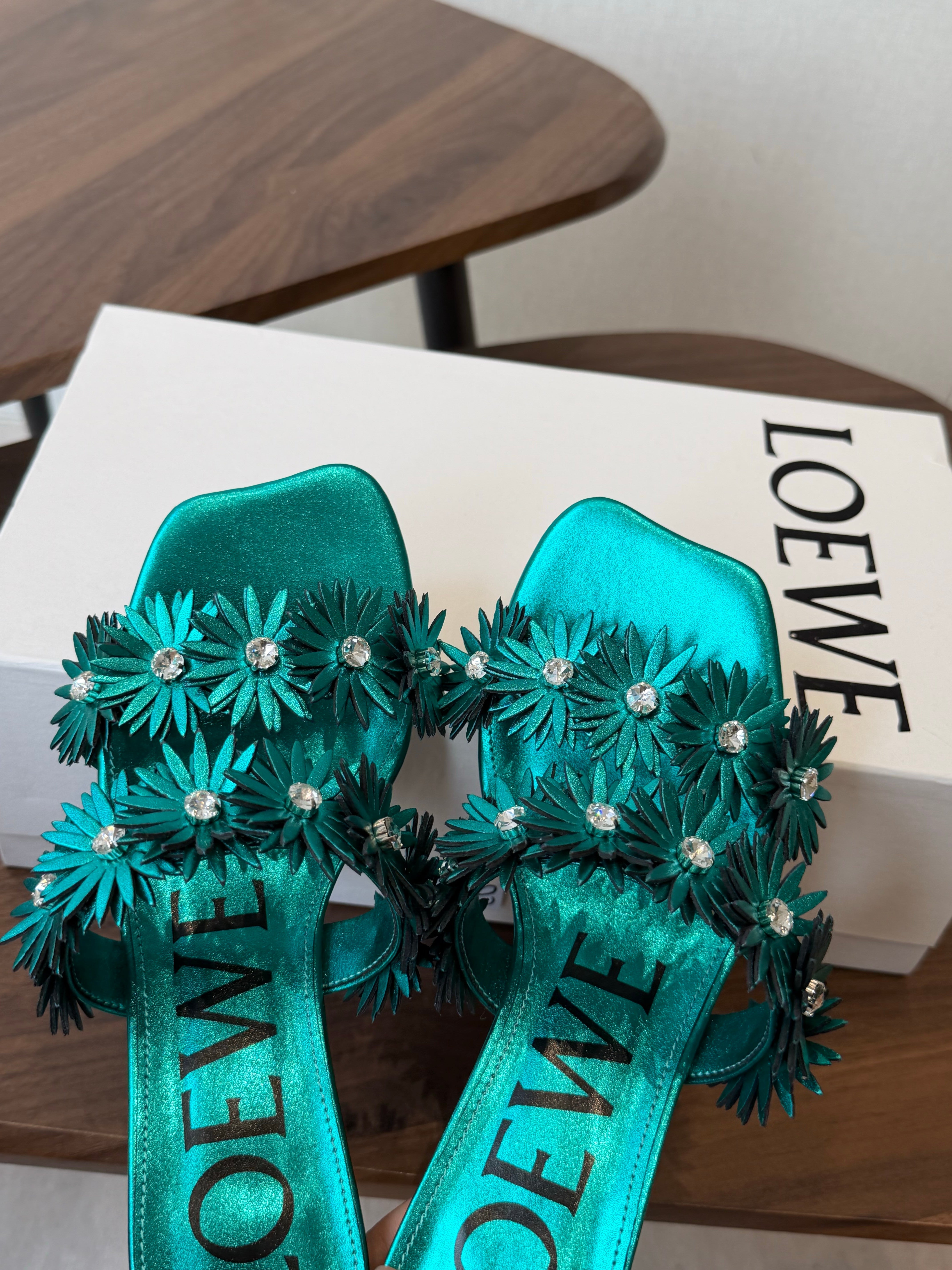 Loew Paula's Ibiza Petal Flower Sandals Metallic Turquoise Leather 889901