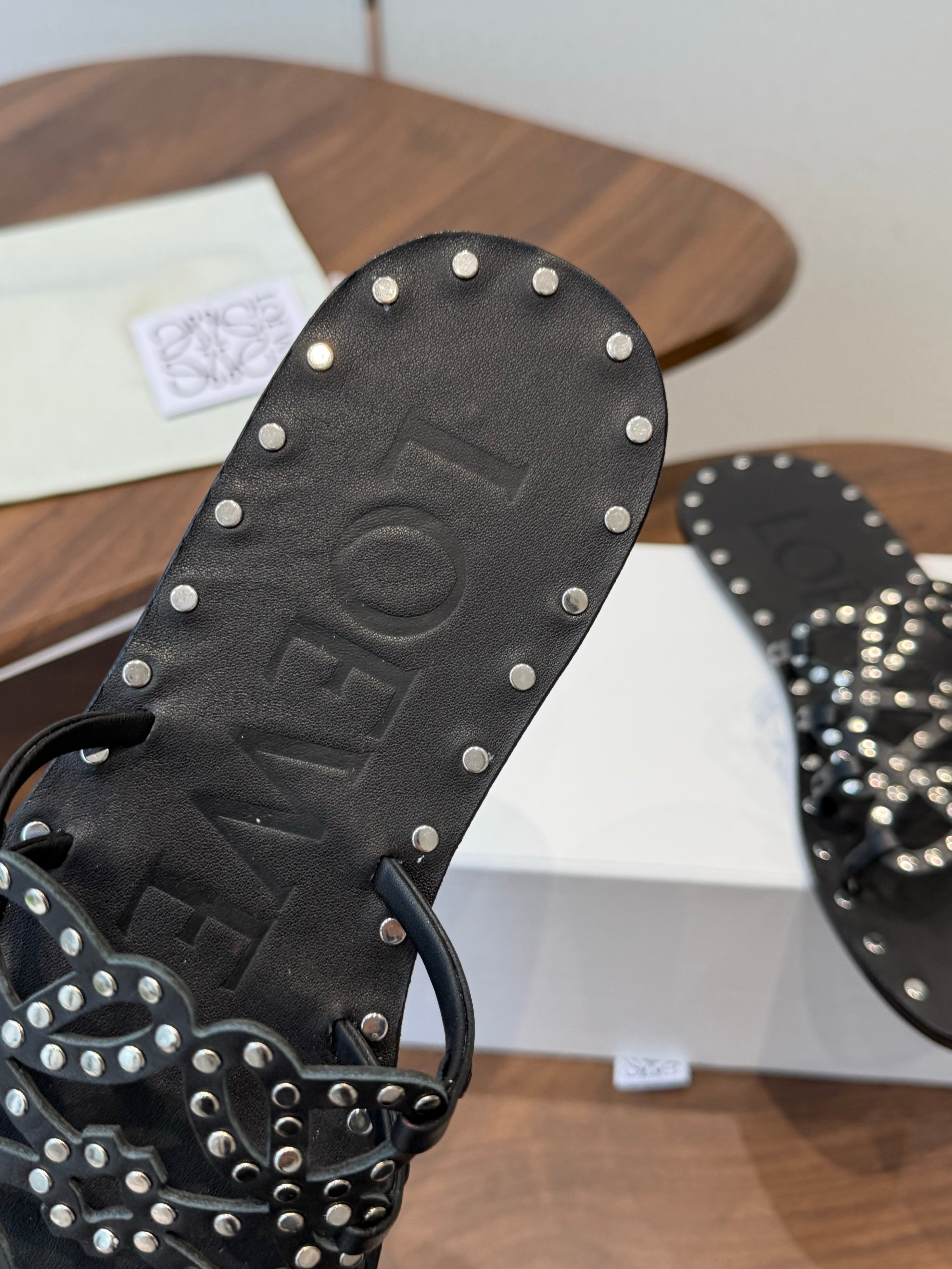 Loew Studded Square Toe Flat Slides Black Leather 889888