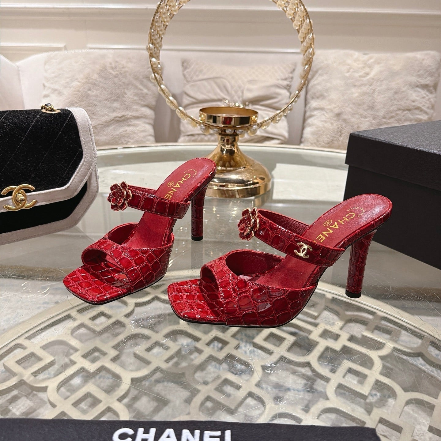 CC 26A Camellia Double C Square Toe Mules 10cm Red Stone-Grain Cowhide 890675