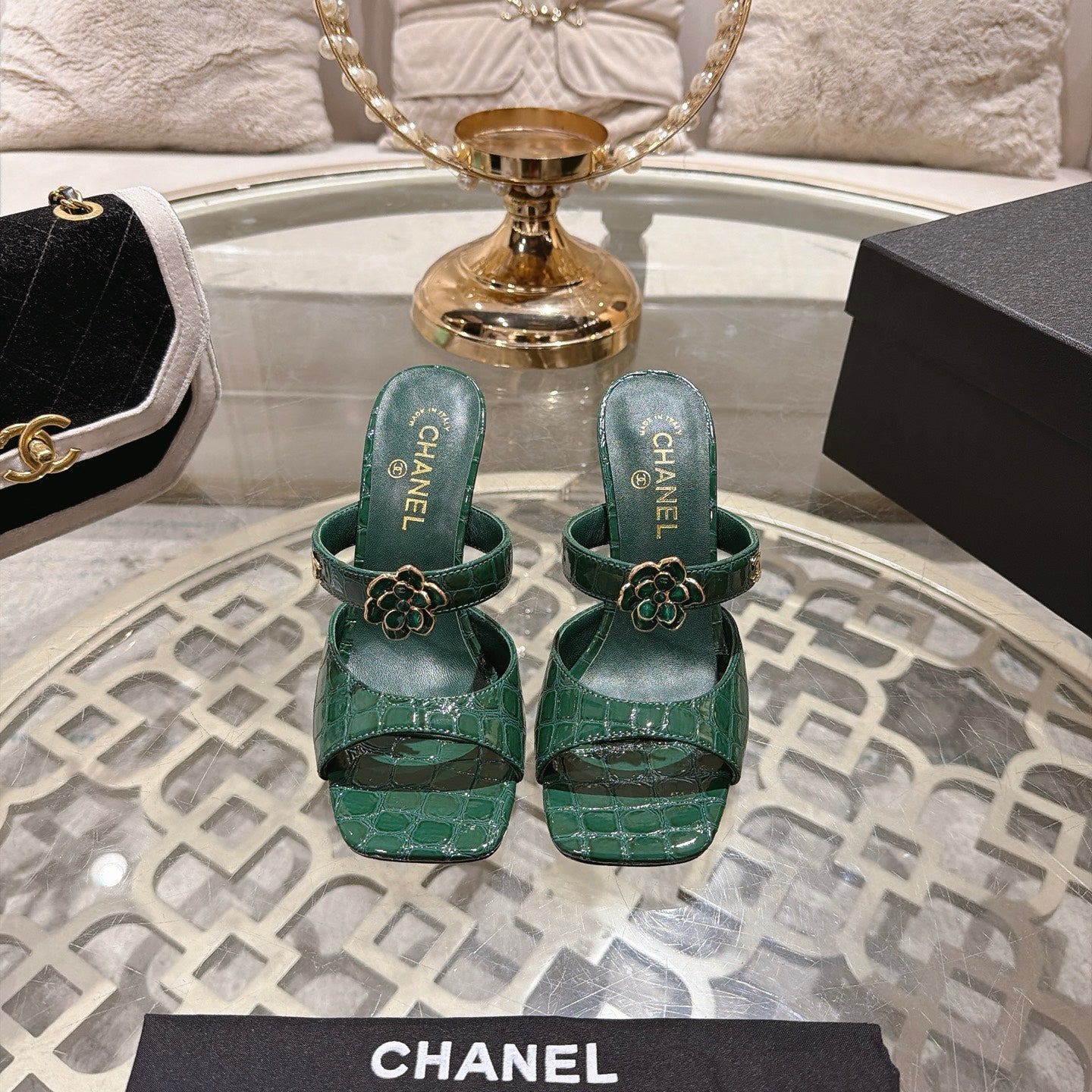 CC 26A Camellia Double C Square Toe Mules 10cm Green Stone-Grain Cowhide 890674