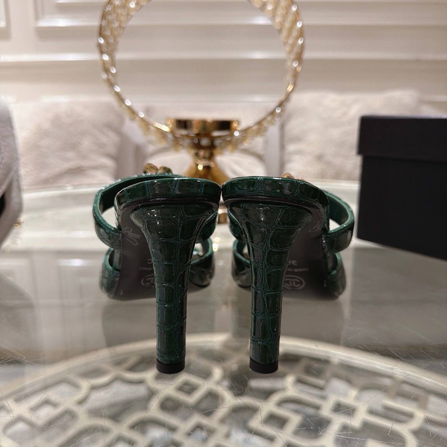 CC 26A Camellia Double C Square Toe Mules 10cm Green Stone-Grain Cowhide 890674