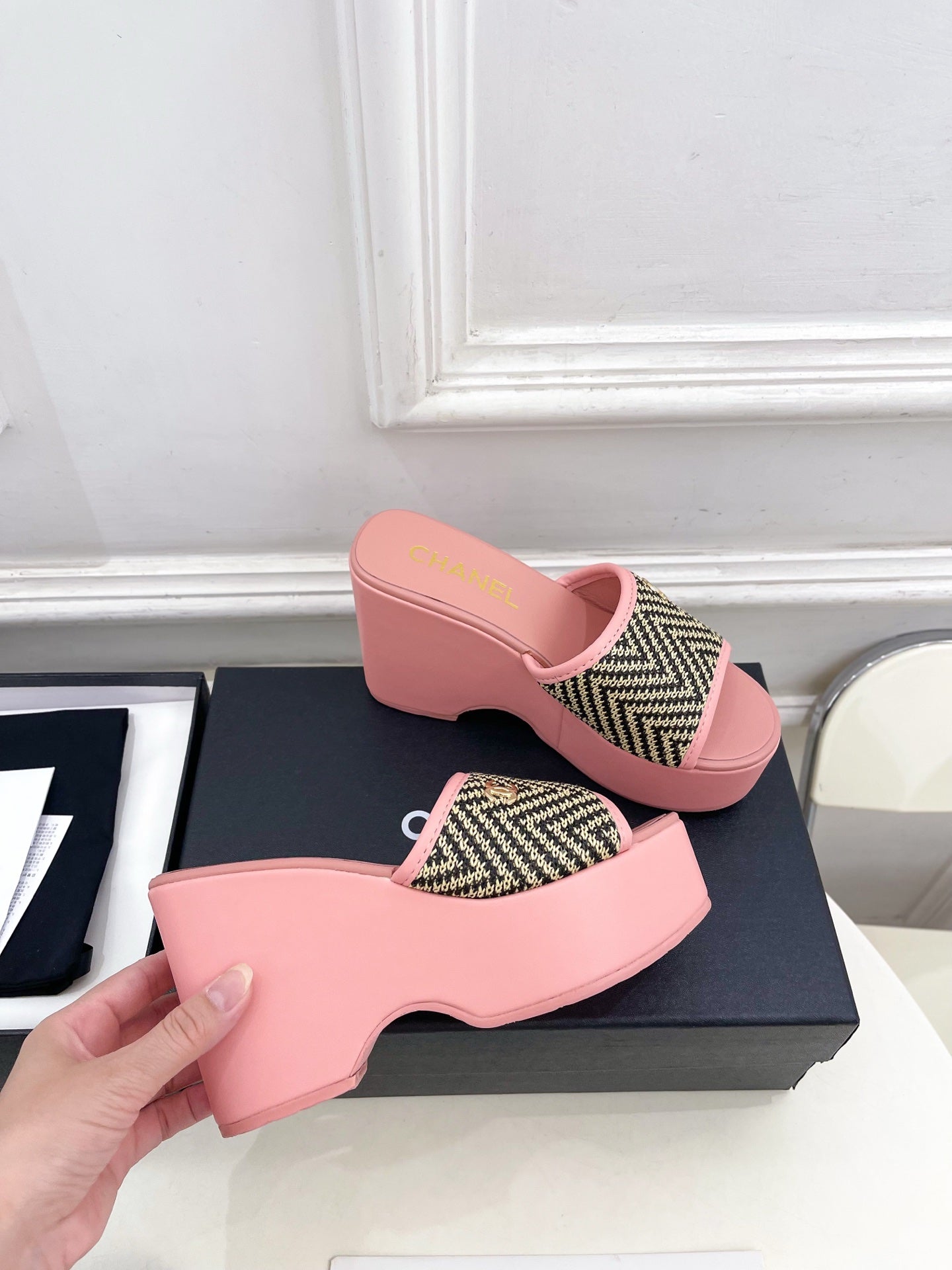 CC Double C Platform Wedge Mules 10cm Pink Tweed 891786