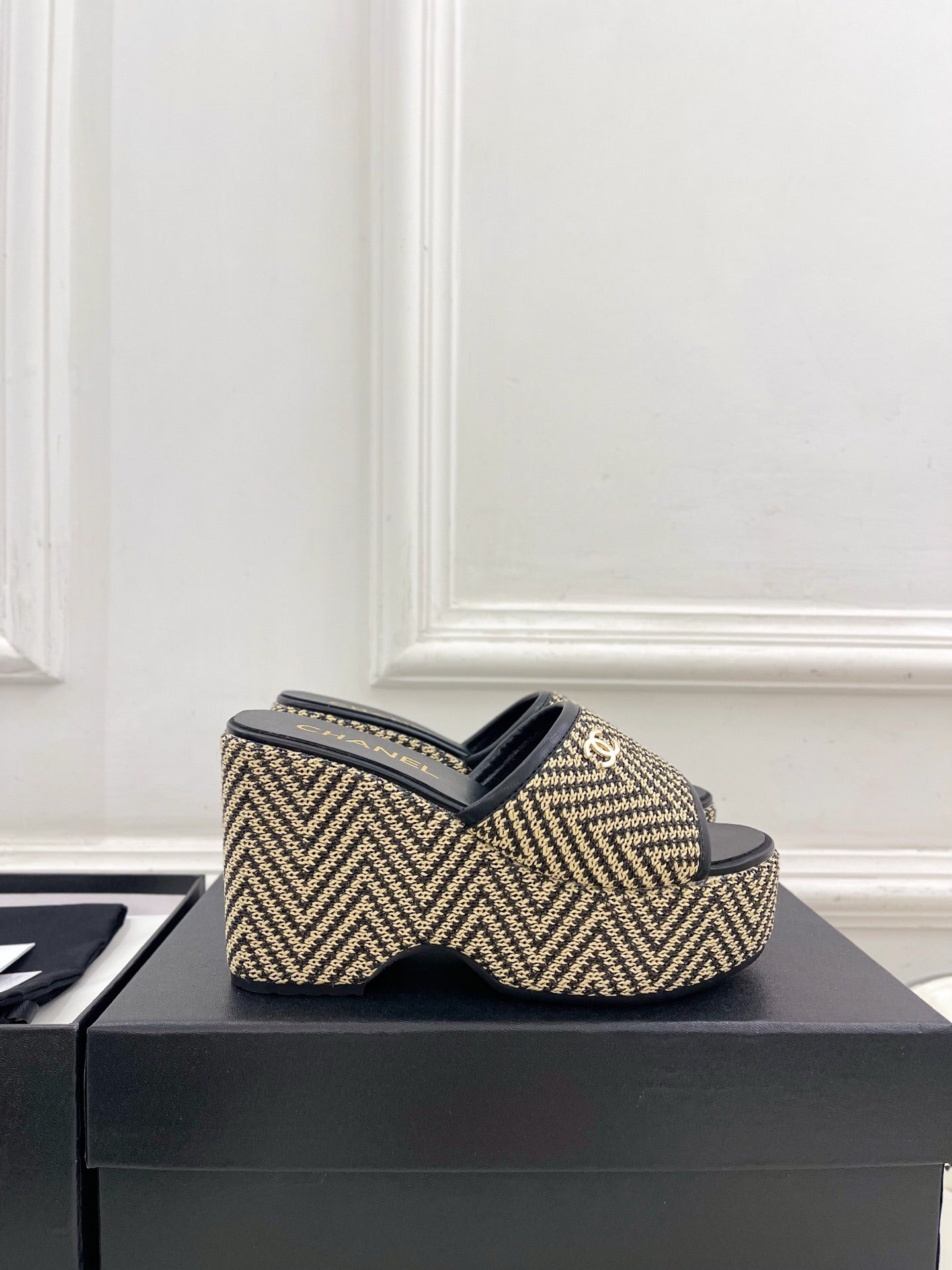 CC Double C Platform Wedge Mules 10cm Black Tweed 891783