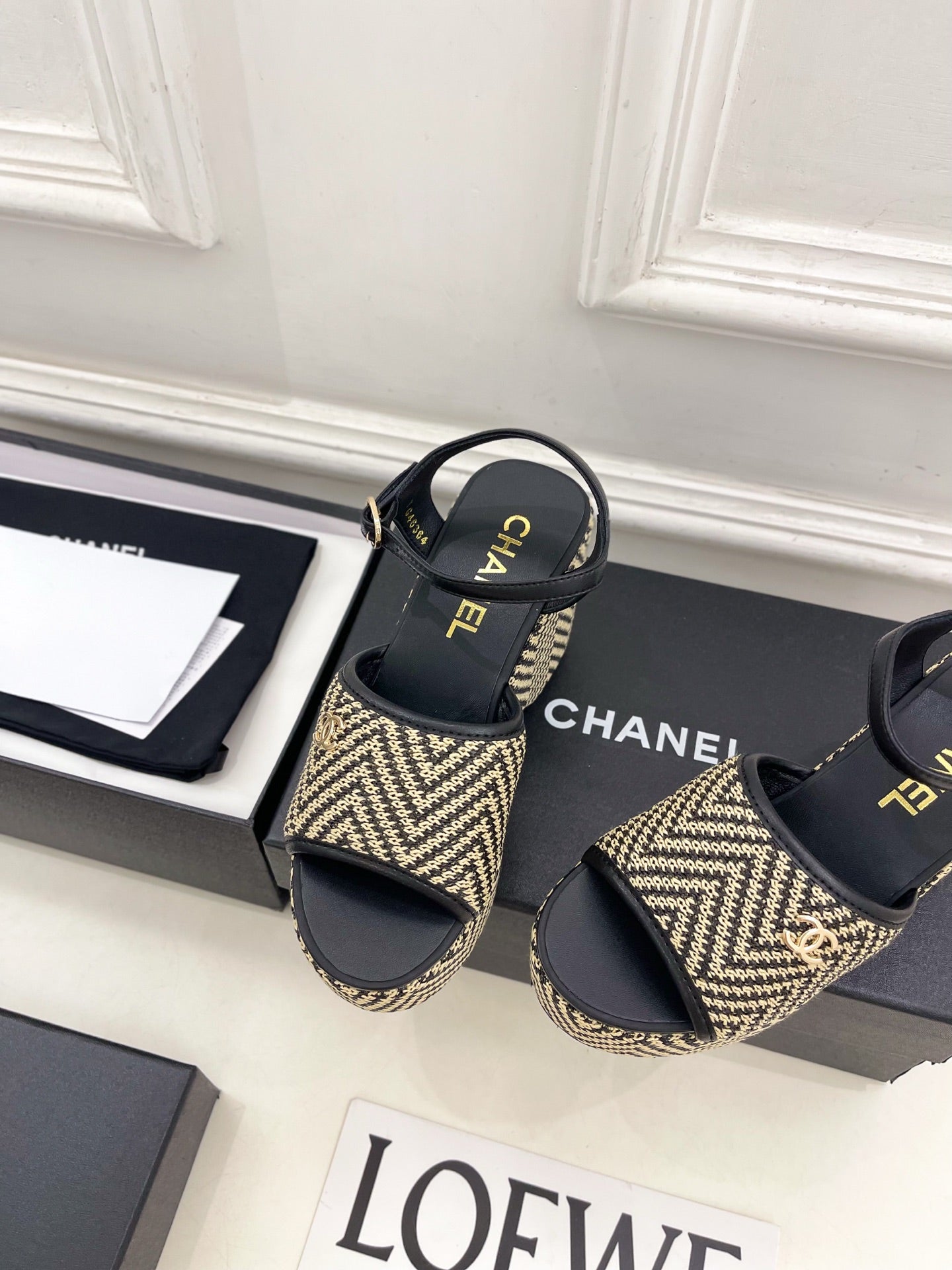 CC Double C Platform Wedge Sandals 10cm Black Tweed 891780