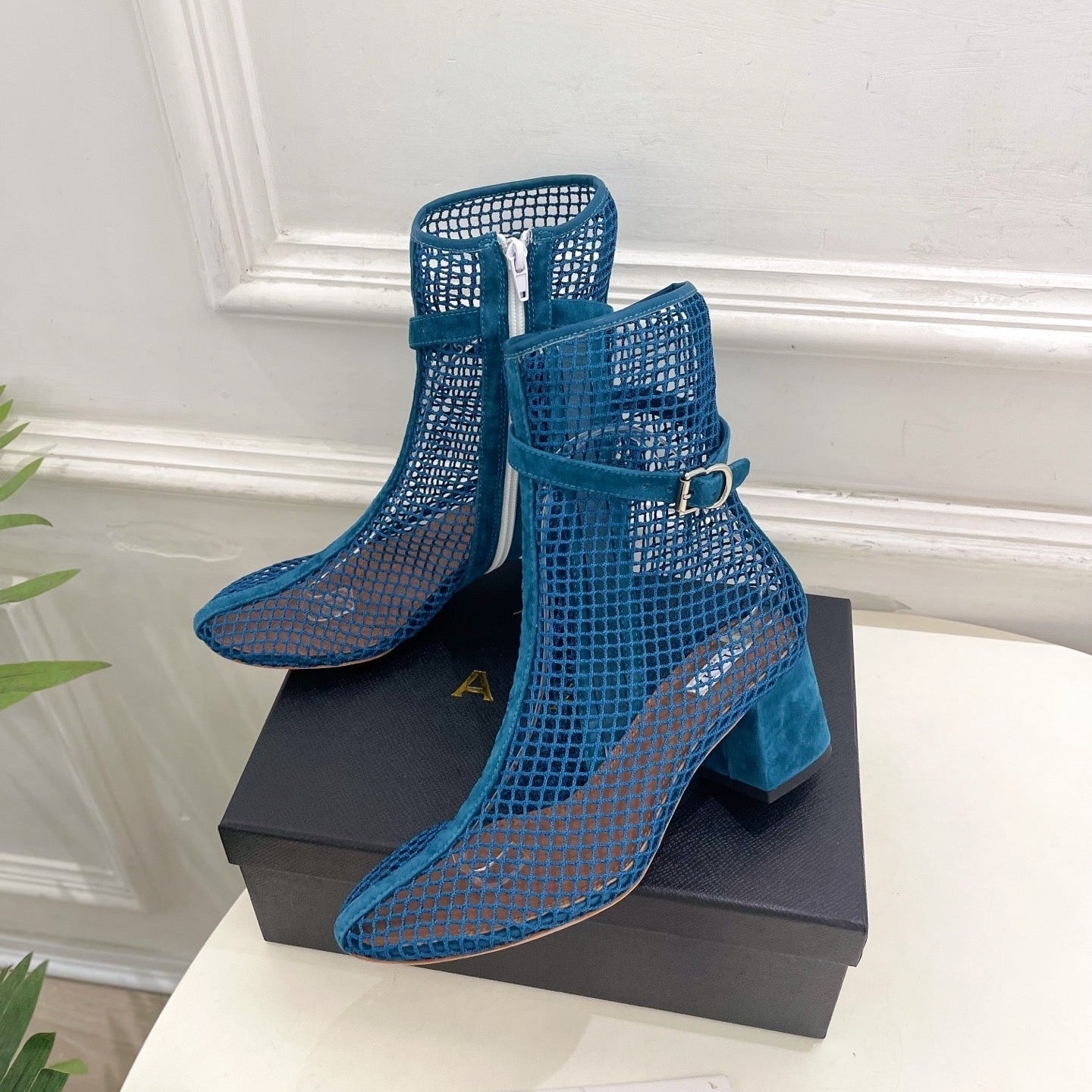 Alaia Boots 5.5cm Fishnet Ankle Boots Dark Blue Mesh Suede 892045