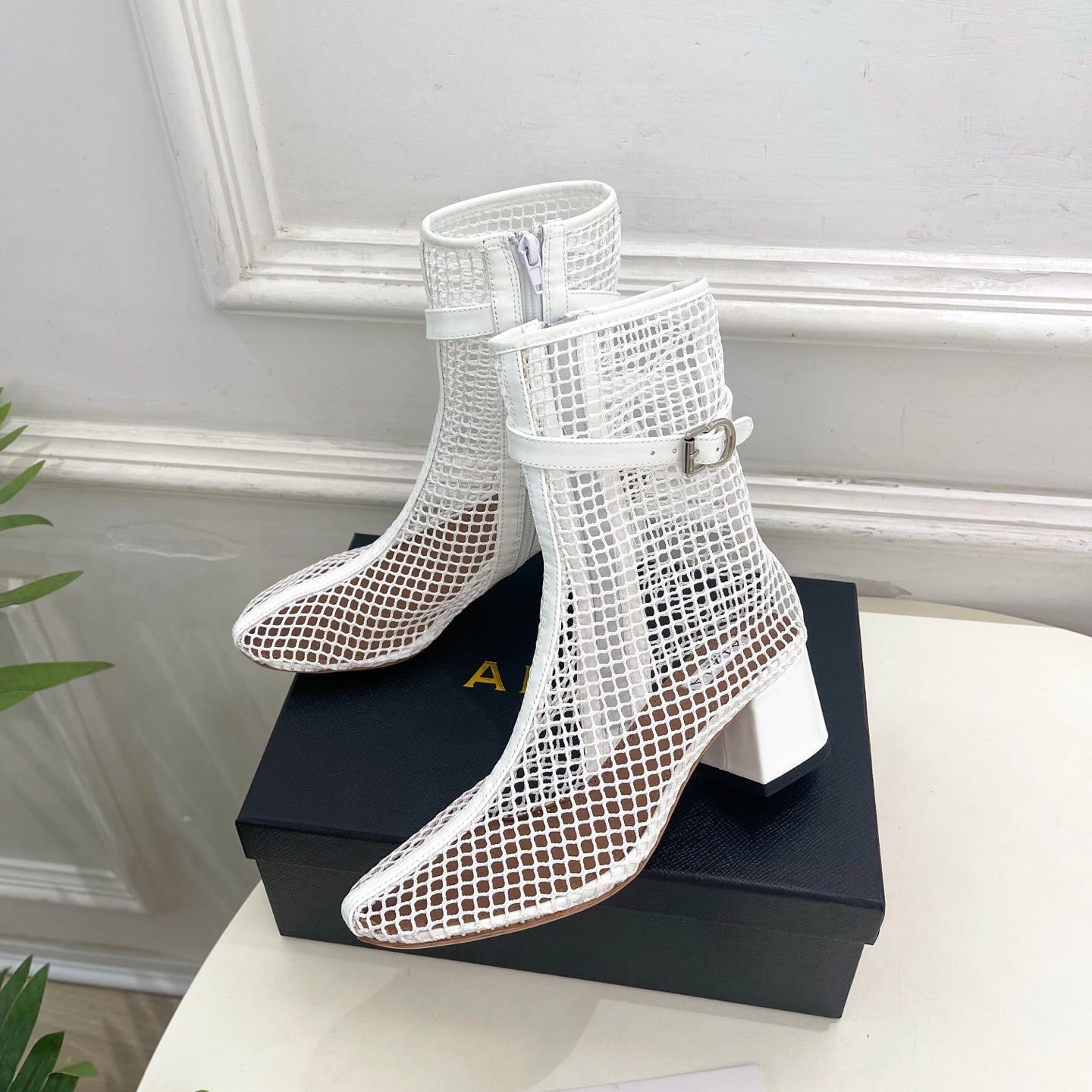 Alaia Boots 5.5cm Fishnet Ankle Boots White Mesh Patent Leather 892043
