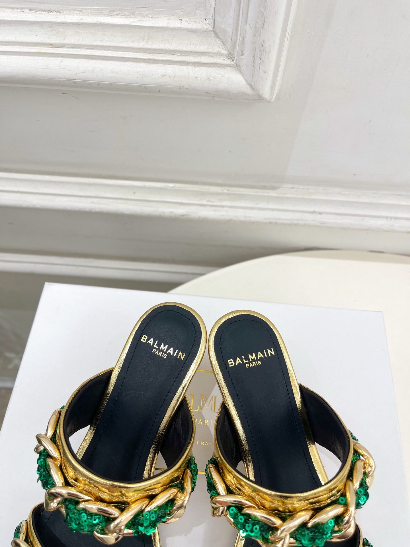 BM Sequin Chain Sandals 5cm Gold Green Metallic Leather 892298