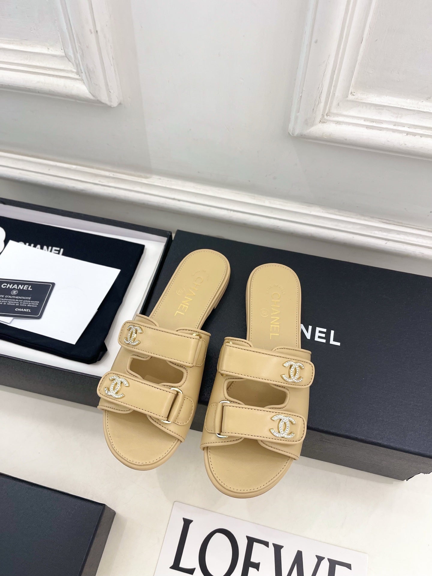 CC Crystal Double C Velcro Flat Mules Beige Lambskin 891667