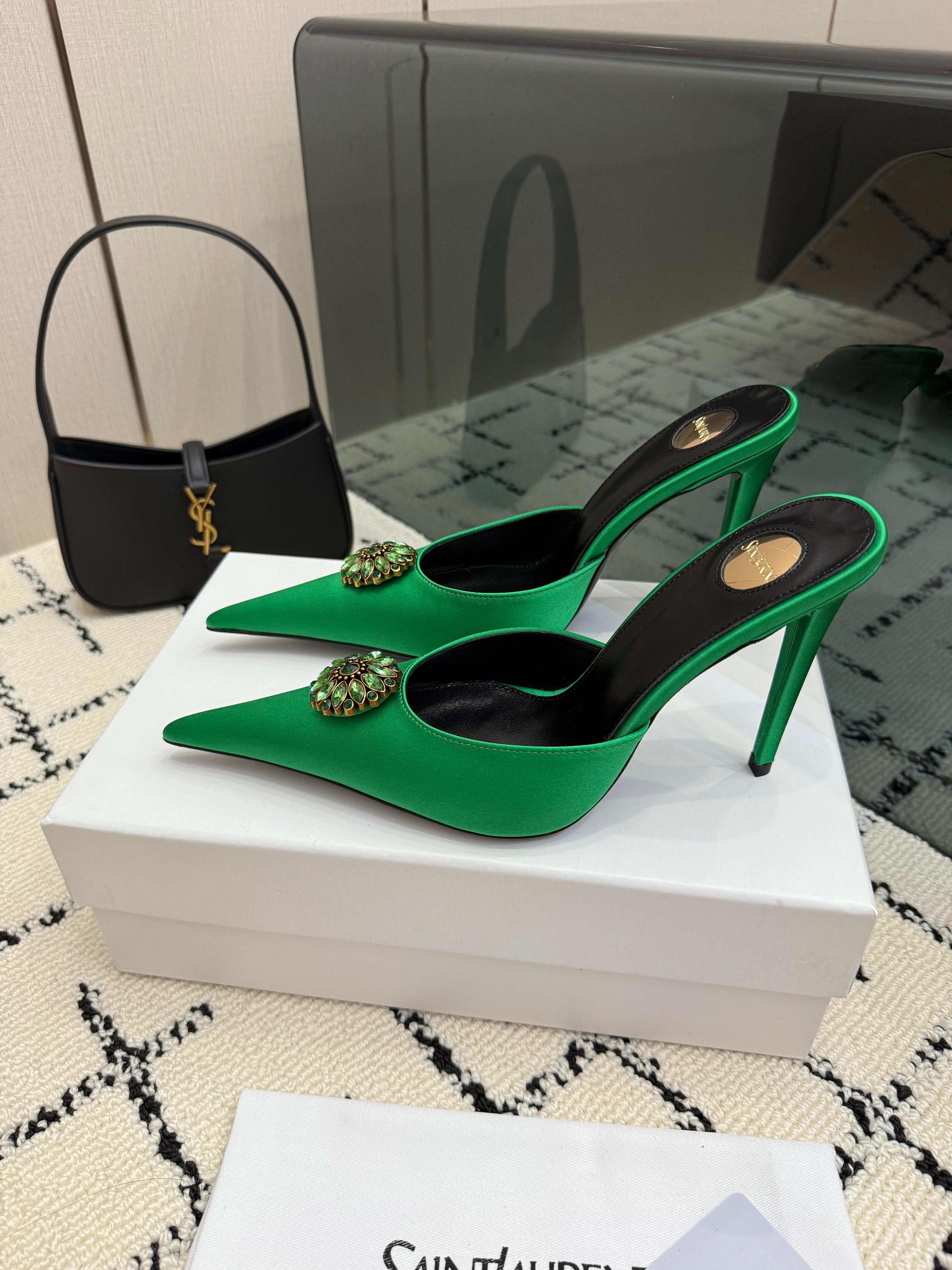 YSL Cosmo Crystal Mules 100mm Green Calfskin Leather 894617