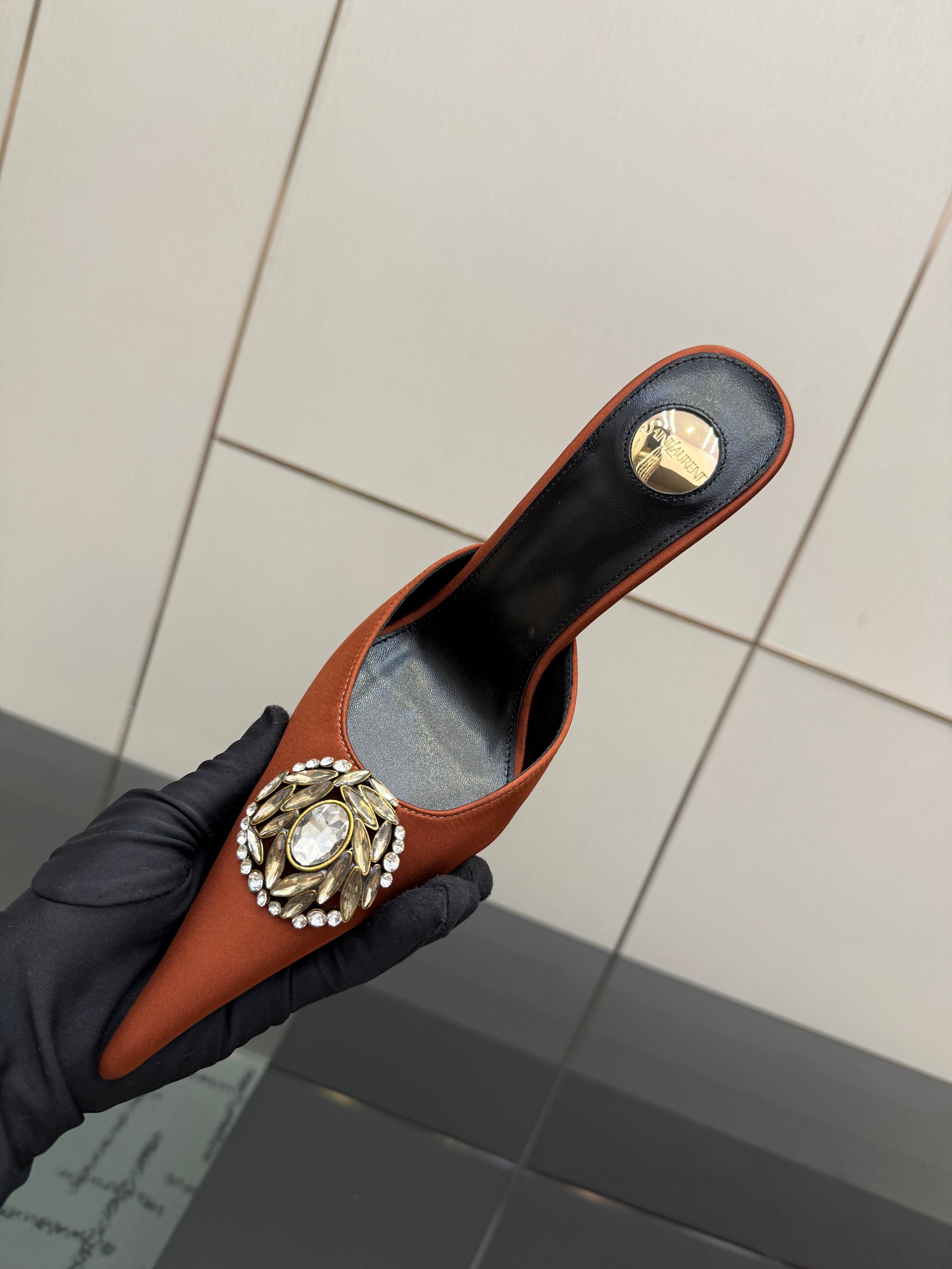 YSL Cosmo Crystal Mules 100mm Brown Calfskin Leather 894615