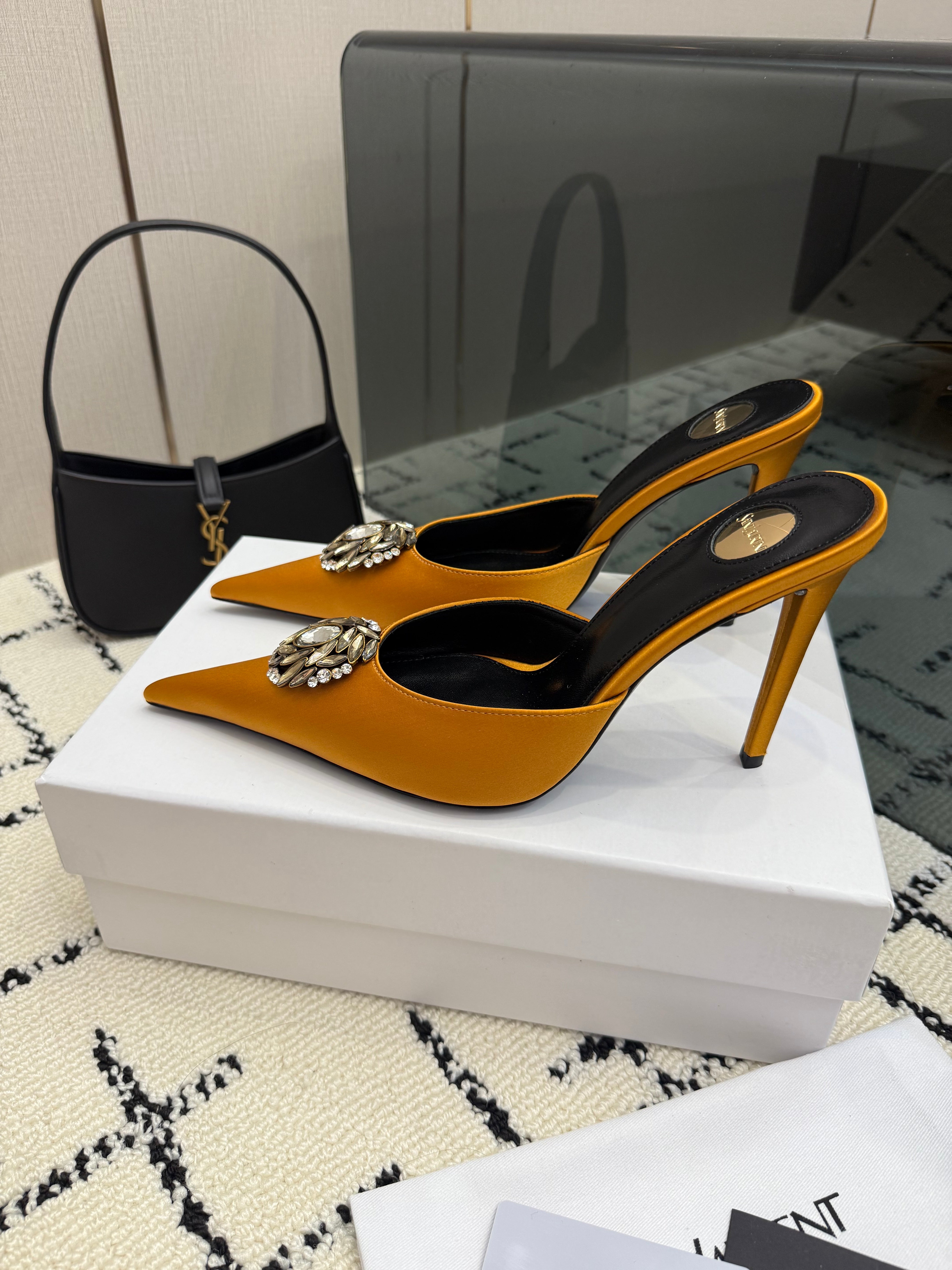 YSL Cosmo Crystal Mules 100mm Tan Calfskin Leather 894614